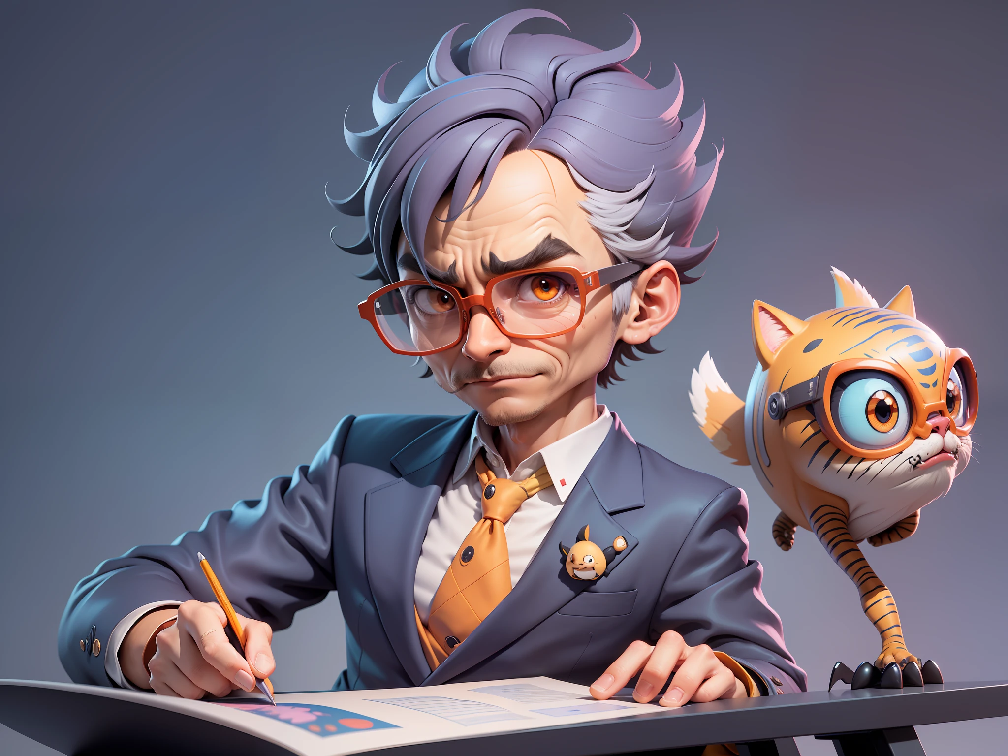 A young man in a suit, Short hair and glasses sat at his desk,holding laptop,digitial painting,tigre,3D character design by Mark Clairen and Pixar and Hayao Miyazaki and Akira Toriyama,4K HD illustration,Very detailed facial features and cartoon-style visuals。