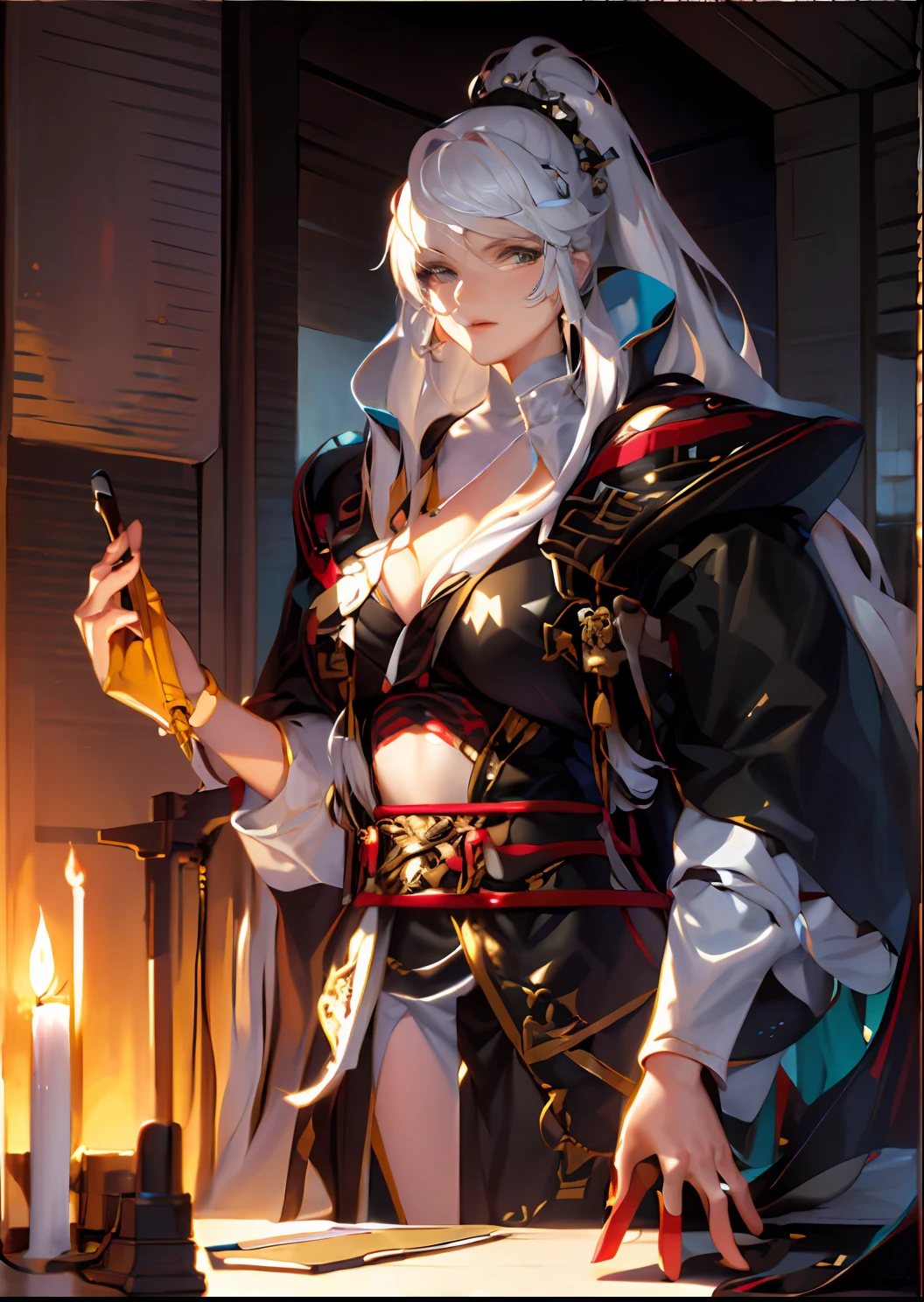 Close-up of a woman holding a brush close to a candle, long  white hair，Blackn clothes，White lining