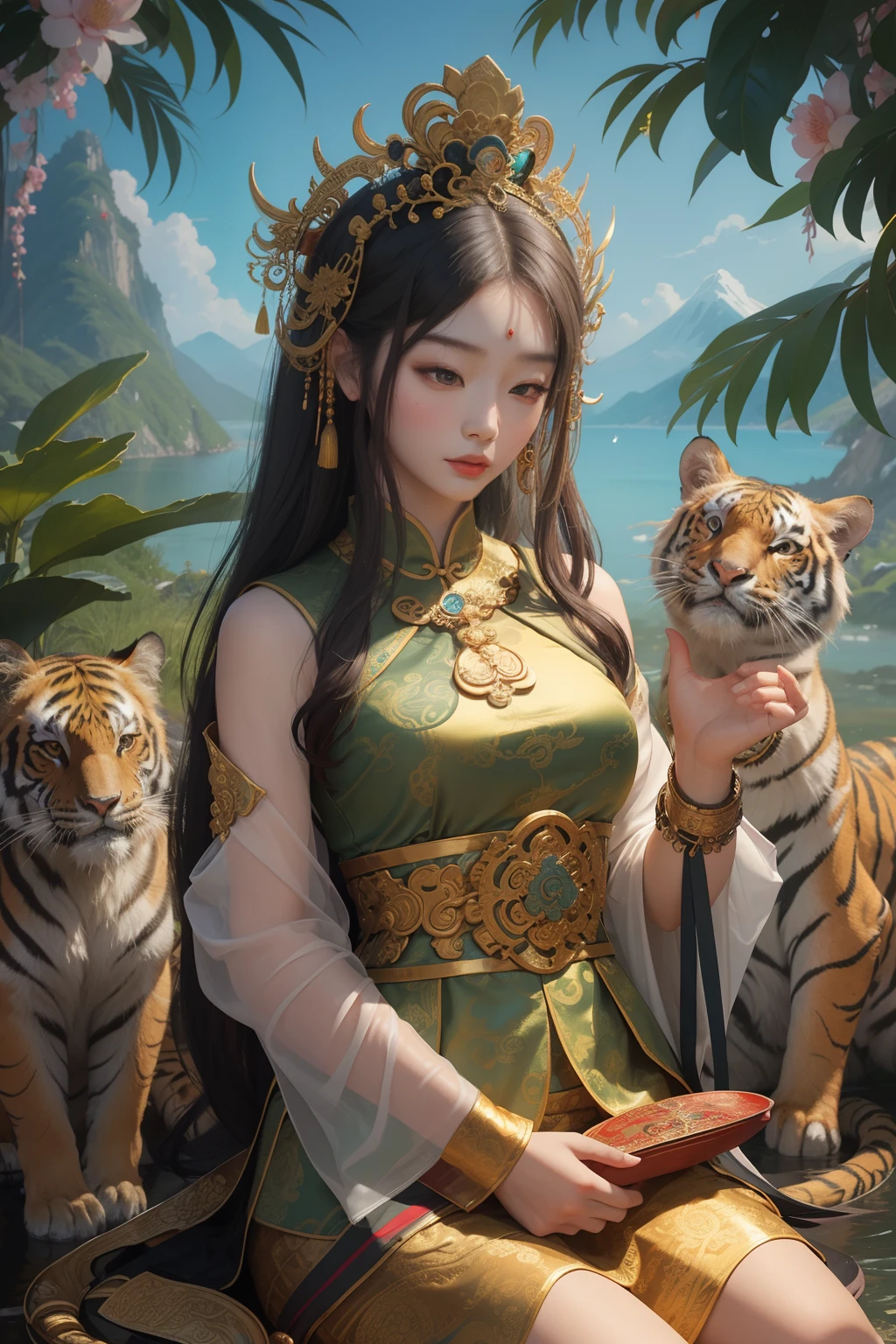 an ancient Chinese goddess, guanyin of the southern seas, Guanyin, Inspired by China, Avalokiteshvara rides a tiger,,Serene expression,shui mo hua,Buddha,Buddhist,Lotus,Chinese painting style,Thangka style