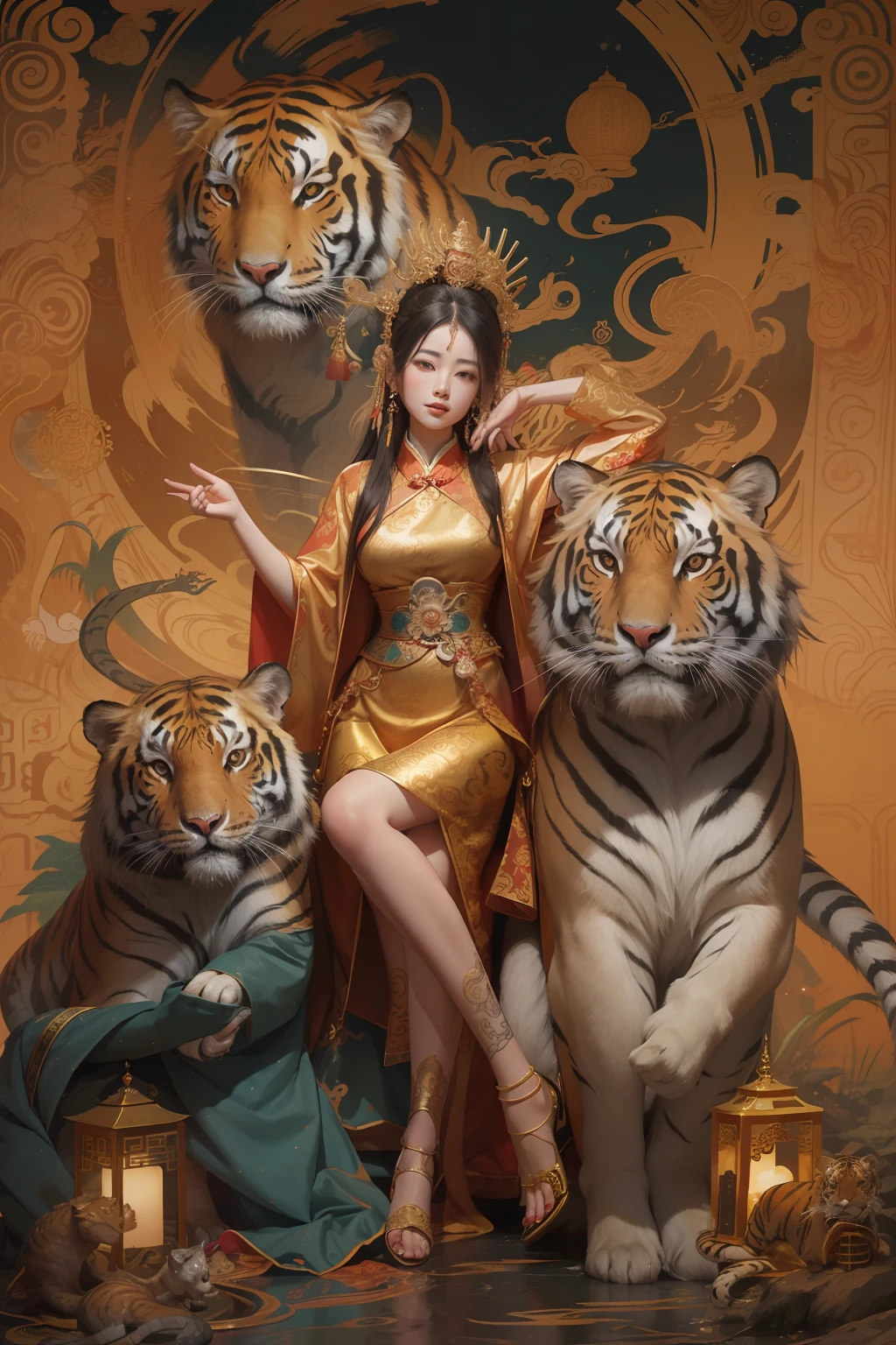 an ancient Chinese goddess, guanyin of the southern seas, Guanyin, Inspired by China, Avalokiteshvara rides a tiger，,Serene expression,shui mo hua,Buddha,Buddhist,Lotus,Chinese painting style,Thangka style