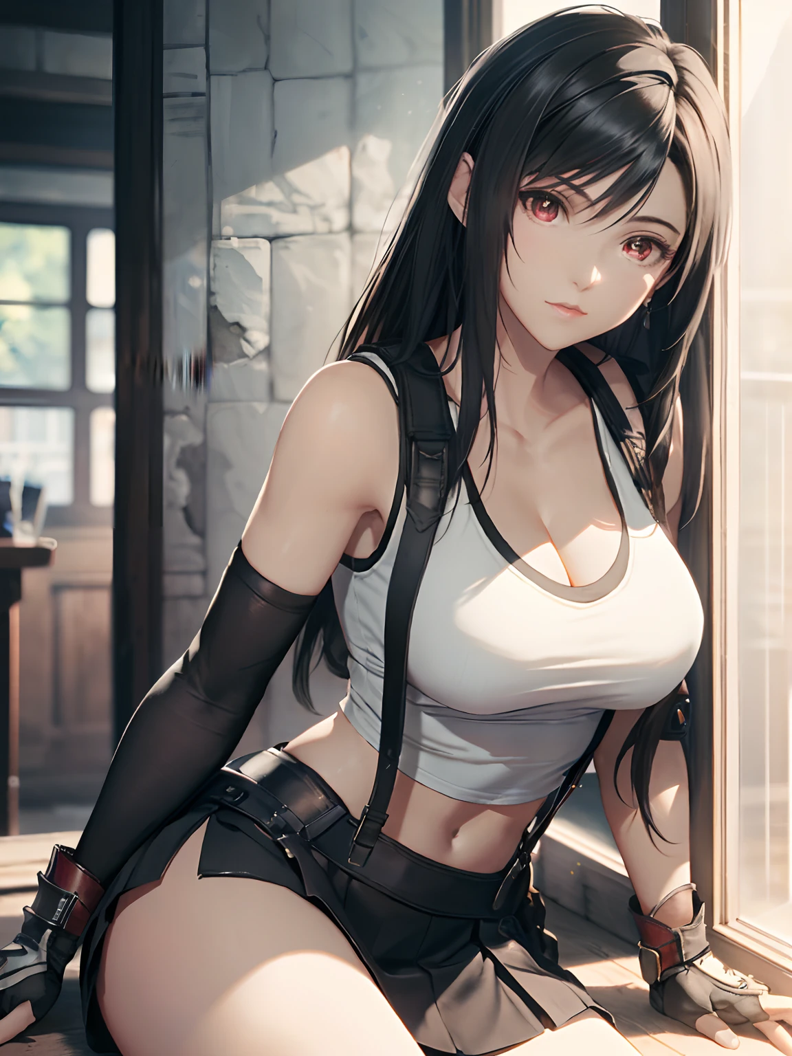 8k,masterpiece, bset quality,big, (1 girl), tifa lockhart, red_eyes, black hair, long hair, shiny skin, shiny big, ((best quality)), crisp focus: 1.2, very detailed face and skin texture, detailed eyes, perfect face, perfect body, art, cg, blur background, big with presence, 20yo, mature cool and beautiful faceWear (black skirt suspenders), black elbow gloves, white taut shirt, tin high, white tank top),