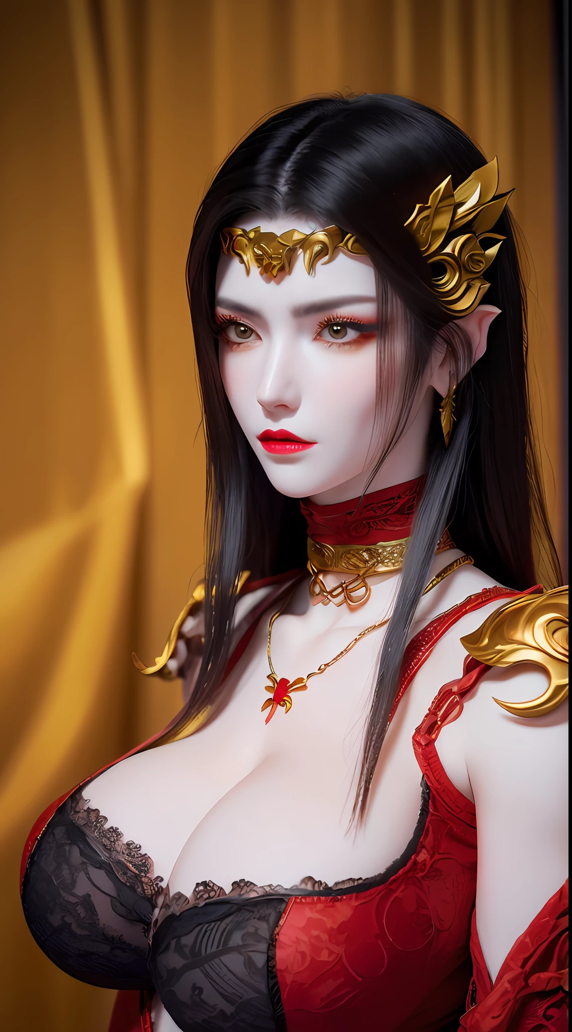 1 very beautiful queen medusha in hanfu dress, thin red silk shirt with many yellow motifs, black lace top, long hair dyed black, beautiful hair jewelry, pretty face pretty, perfect face, earring jewelry, head and hair jewelry, antique jewelry, big red eyes, sharp eye makeup, meticulous makeup eyelashes, thin eyebrows, nose tall, pretty red lips, no smile, ((closed mouth:0.9)), pursed lips, rosy cheeks, breast augmentation, wide breasts, big breasts, well-proportioned breasts, slim waist, slim waist, red mesh stockings with black lace, Chinese hanfu style, fictional art patterns, colors vivid and realistic, RAW photos, realistic photos, ultra-high quality 8k surreal photos, cool photos, (virtual lighting effects: 1.8), 10x pixels, magic effects (background): 1.8), eyes wide open, super detailed eyes, beautiful girl body portrait, girl alone, ancient hanfu background, looking directly at the audience, wide original photo, 8k quality, super sharp, detailed and clear picture best, detailed light background,