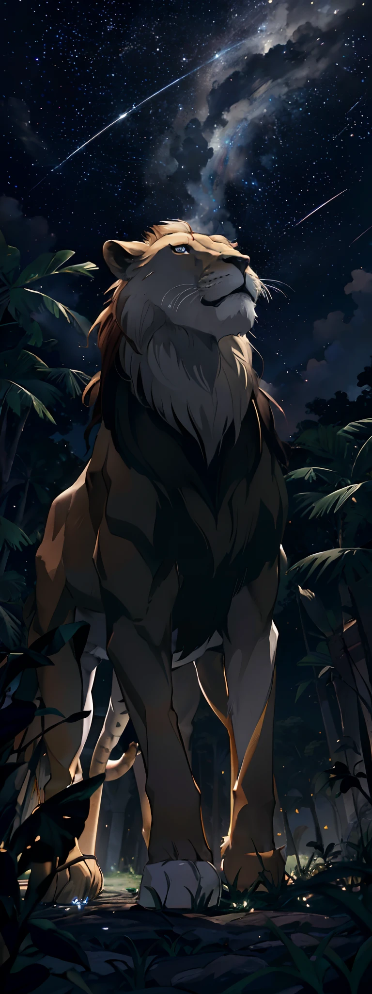 fotografia de paisagem expansiva, (a view from below that shows the sky above and the open field below), a lion standing looking up , (pegue a chave: 1.2), (estrelas cadentes: 0.9), (nebulosa: 1.3), montanha distante , BREAK tree production art, (fonte de luz quente: 1.2), (Pirilamplighto: 1.2), lamplight, muito roxo e laranja, detalhes complexos, volumetric lighting BREAK (obra-prima: 1.2), (melhor qualidade), 4k, ultradetalhado , (dynamic compositing: 1.4), detalhes coloridos altamente detalhados (cores iridescentes: 1.2), (bright illumination, Atmospheric Illumination), sonhador, Magia, (sozinho: 1.2)