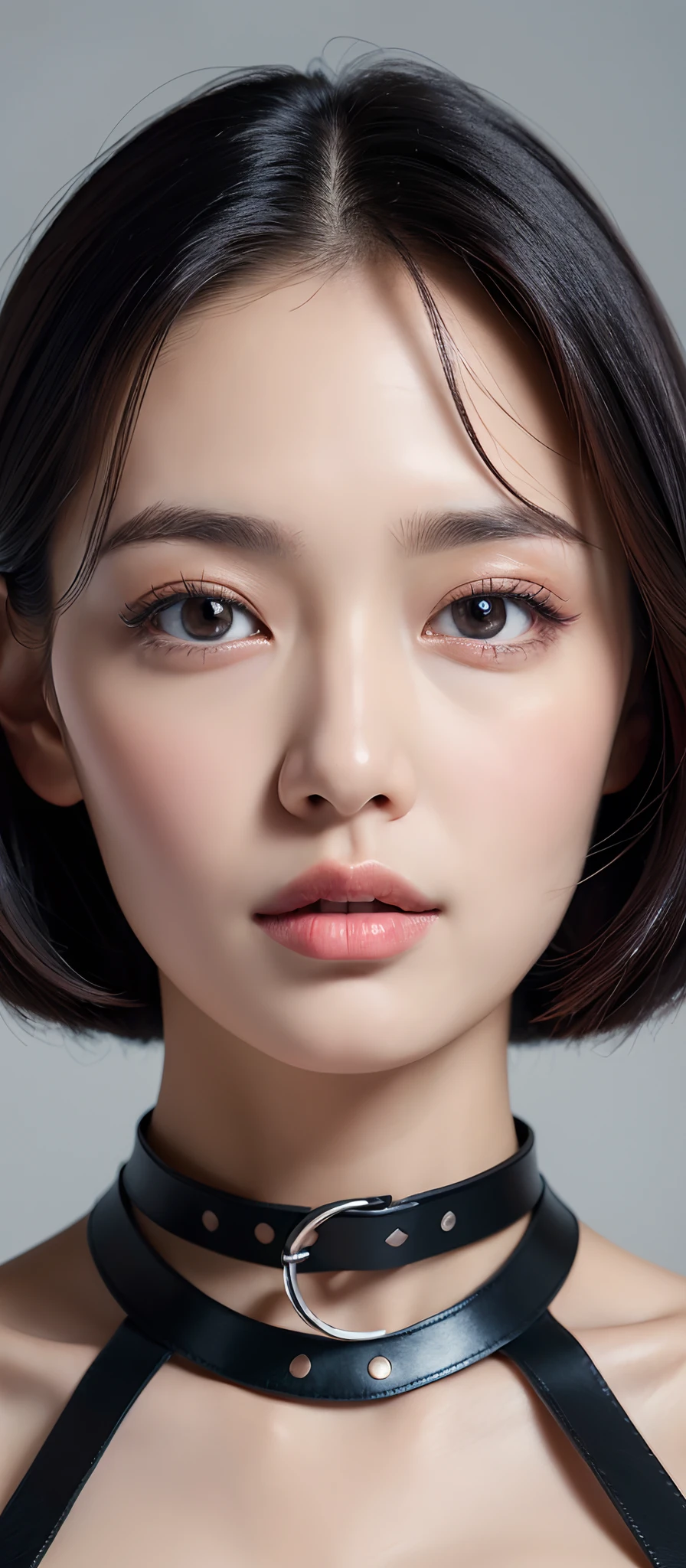 ((Best quality, 8k, Masterpiece :1.3)), Sharp focus, selfie, A pretty woman with perfect figure, ((black hair, Big breasts)), (underwear, collar), simple background, Highly detailed face and skin texture, Detailed eyes, Double eyelid