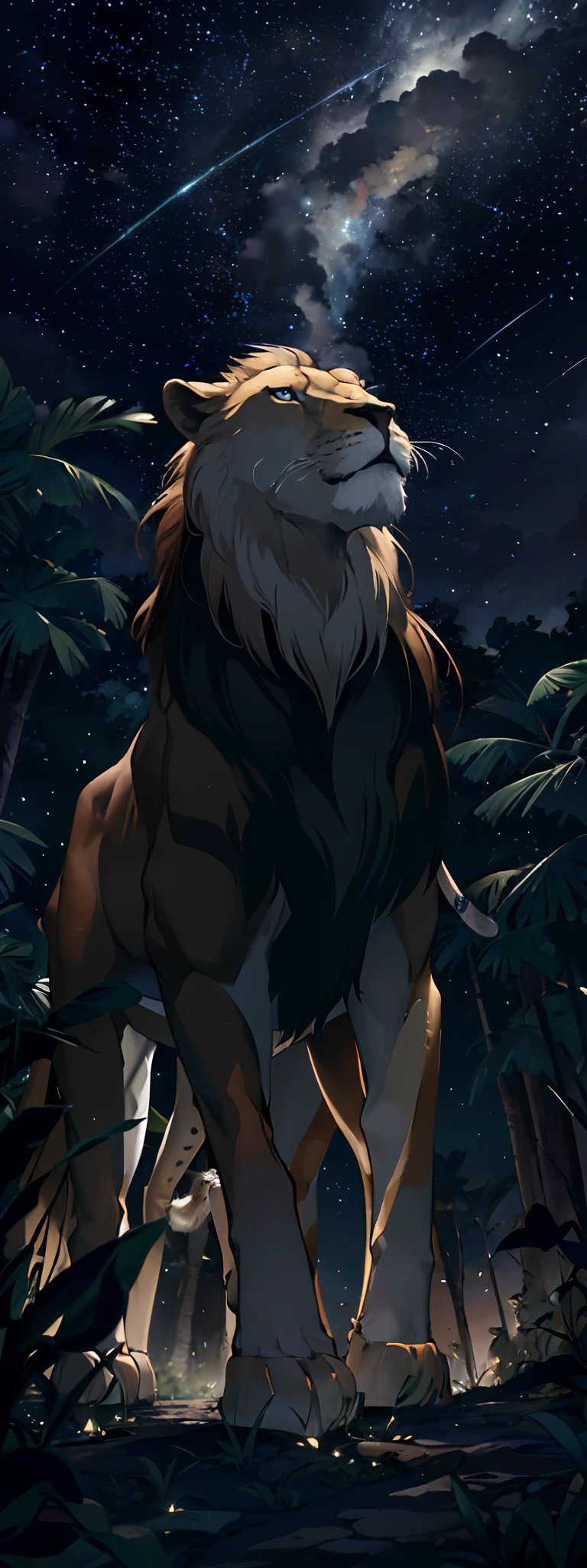 fotografia de paisagem expansiva, (a view from below that shows the sky above and the open field below), a lion standing looking up , (pegue a chave: 1.2), (estrelas cadentes: 0.9), (nebulosa: 1.3), montanha distante , BREAK tree production art, (fonte de luz quente: 1.2), (Pirilamplighto: 1.2), lamplight, muito roxo e laranja, detalhes complexos, volumetric lighting BREAK (obra-prima: 1.2), (melhor qualidade), 4k, ultradetalhado , (dynamic compositing: 1.4), detalhes coloridos altamente detalhados (cores iridescentes: 1.2), (bright illumination, Atmospheric Illumination), sonhador, Magia, (sozinho: 1.2)