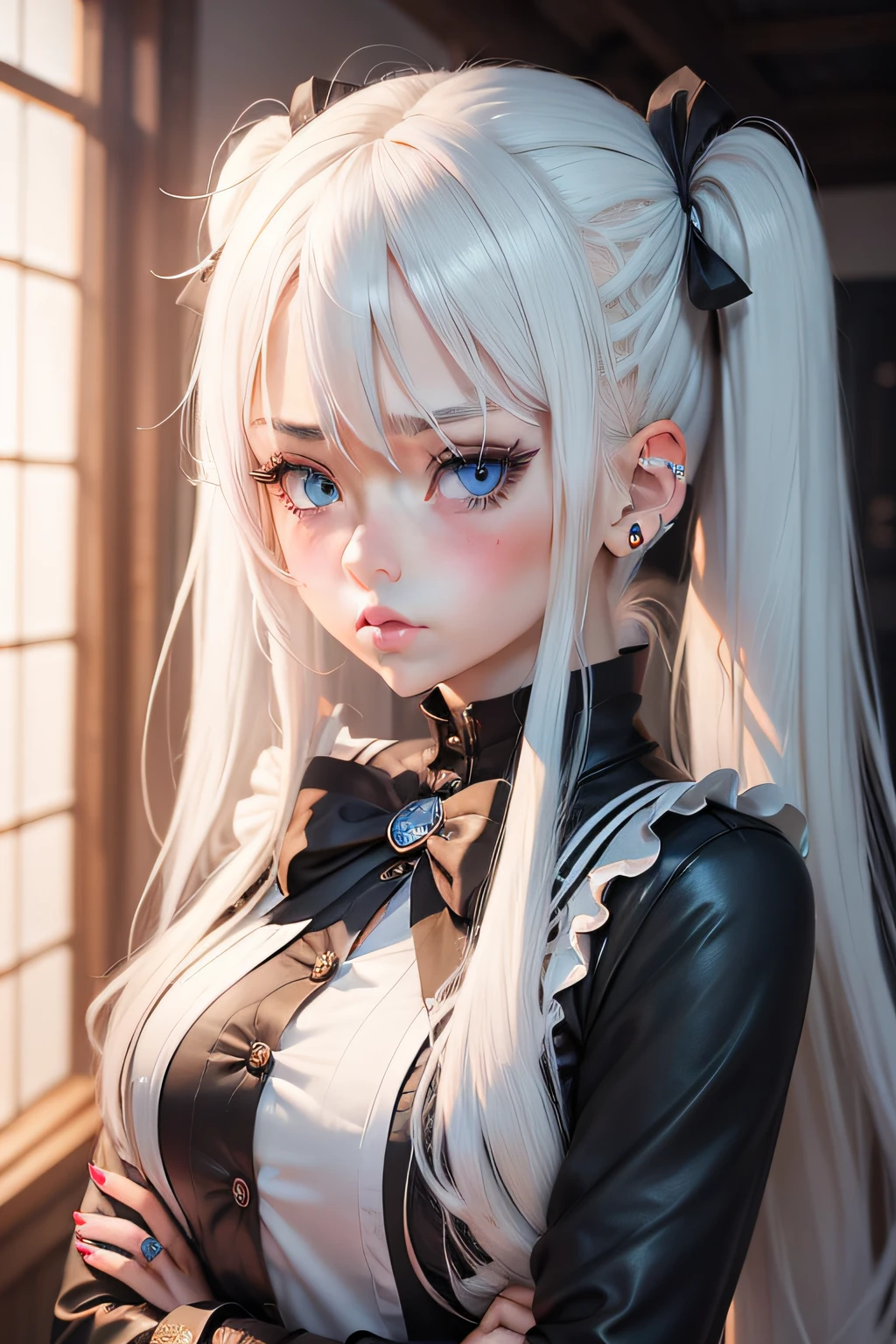 Superb Style, Masterpiece, High Resolution, Best Quality, UHD, Super Detail, Award-Awarded, 16k, (upper body), A beautiful girl, Gray hair, Hair, ((Heterochromia)), Hanging eye corners, Fair skin, (Small breasts), (Slim Figure), ((Skirt)), (Ribbon collar), (Short gloves as short as half a palm)