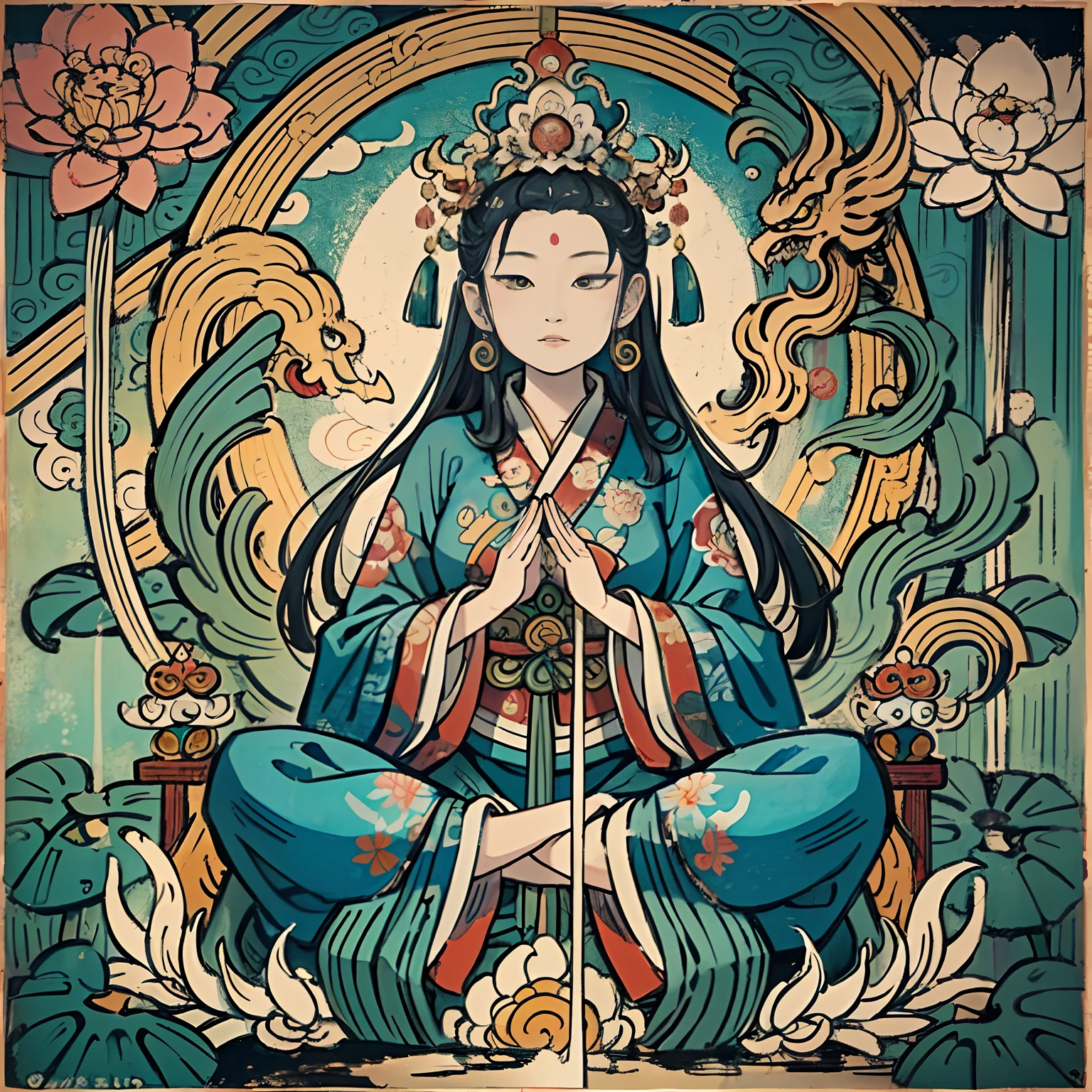 an ancient Chinese goddess, guanyin of the southern seas, Guanyin, Inspired by India, Avalokiteshvara Bodhisattva Phoenix,,Serene expression,shui mo hua,Buddha,Buddhist,Lotus,Chinese painting style,Thangka style