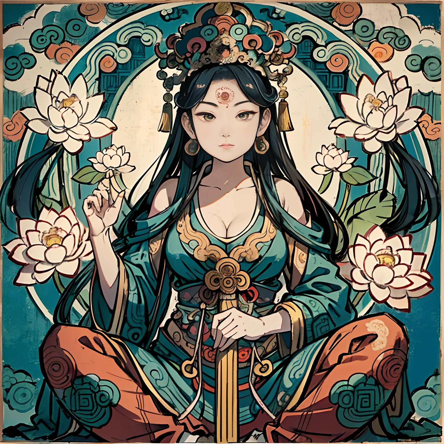 an ancient Chinese goddess, guanyin of the southern seas, Guanyin, Inspired by India, Avalokiteshvara Bodhisattva Phoenix,,Serene expression,shui mo hua,Buddha,Buddhist,Lotus,Chinese painting style,Thangka style