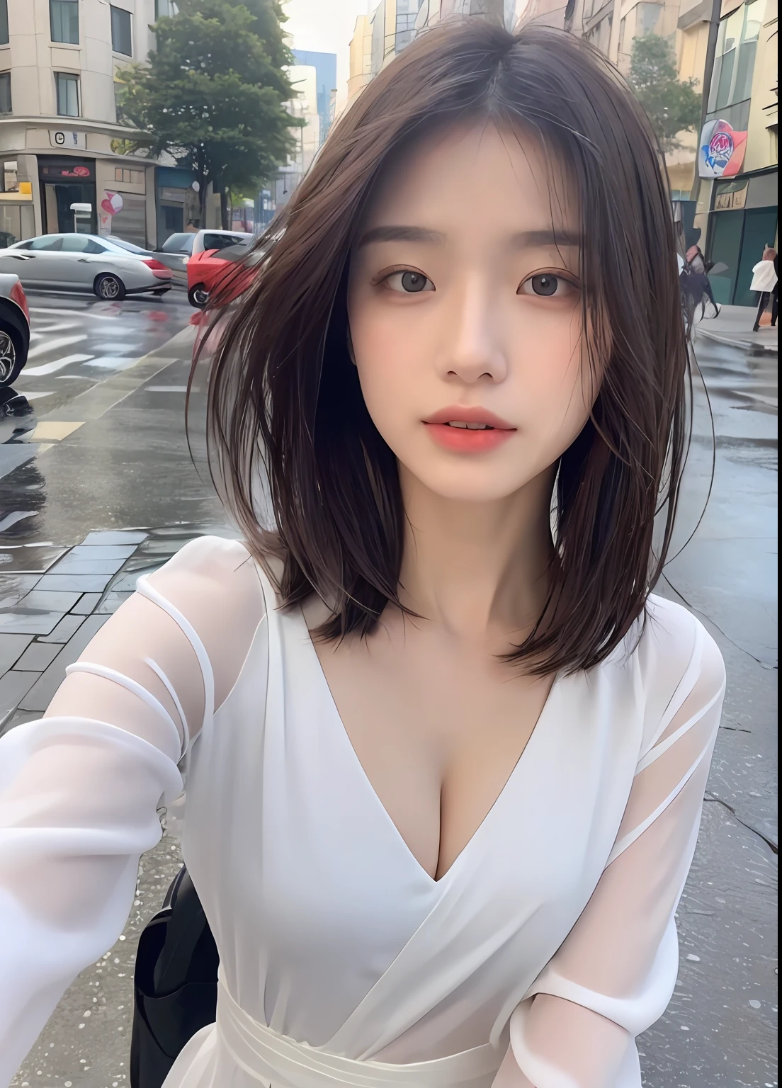 ((Best Quality, 8K, Masterpiece:1.3)), Focus: 1.2, Perfect Body Beauty: 1.4, Buttocks: 1.2, ((Layered Haircut, Breasts: 1.2)), (Wet Clothes: 1.1) , (Rain, Street:1.3), Bandeau Dress: 1.1, Highly Detailed Face and Skin Texture, Delicate Eyes, Double Eyelids, Whitened Skin, Long Hair