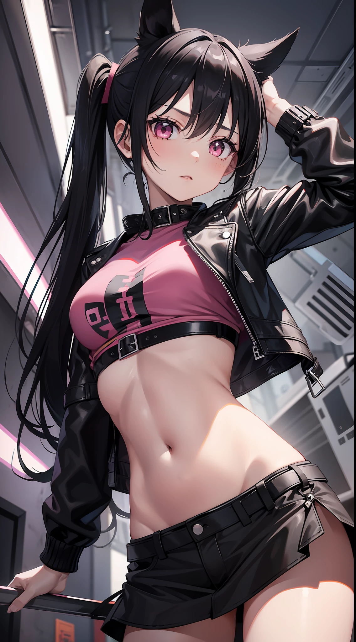 young girl, Long black hair in two ponytails, pink eyes, punk, leather jacket, Upskirt, open belly, open breasts, Masterpiece, hiquality