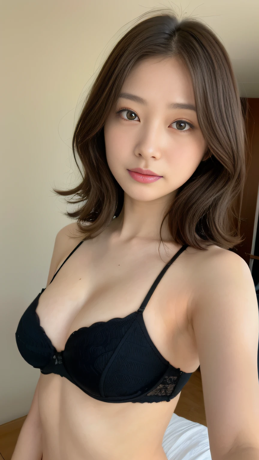 ((ciinematic light、top-quality、8k、​masterpiece:1.3))、hyperdetailed face、A detailed eye、二重まぶた、Seductive open lip、1 beautiful woman with slender abs:1.4、(Wavy brown hair、huge tit:1.3)、(String Panties、Black bra:1.2、Strapless)、Yacht harbor、to stand、Looking at the camera