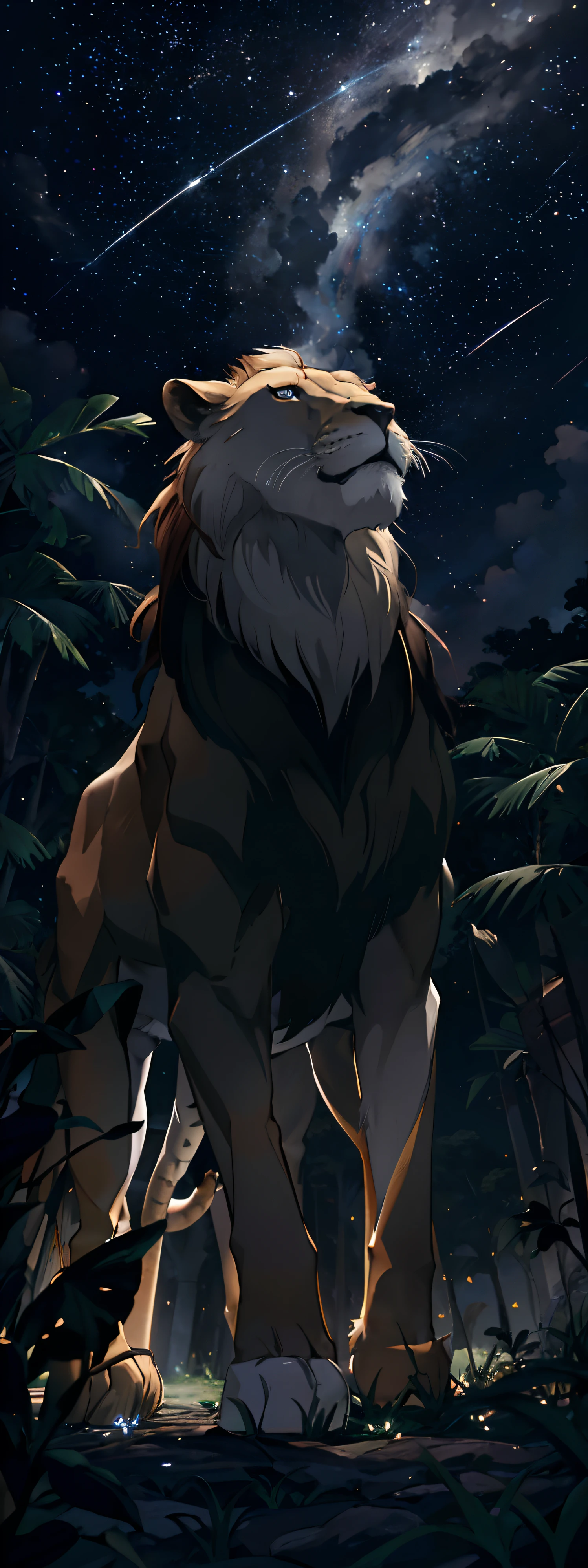 fotografia de paisagem expansiva, (a view from below that shows the sky above and the open field below), a lion standing looking up , (pegue a chave: 1.2), (estrelas cadentes: 0.9), (nebulosa: 1.3), montanha distante , BREAK tree production art, (fonte de luz quente: 1.2), (Pirilamplighto: 1.2), lamplight, muito roxo e laranja, detalhes complexos, volumetric lighting BREAK (obra-prima: 1.2), (melhor qualidade), 4k, ultradetalhado , (dynamic compositing: 1.4), detalhes coloridos altamente detalhados (cores iridescentes: 1.2), (bright illumination, Atmospheric Illumination), sonhador, Magia, (sozinho: 1.2)