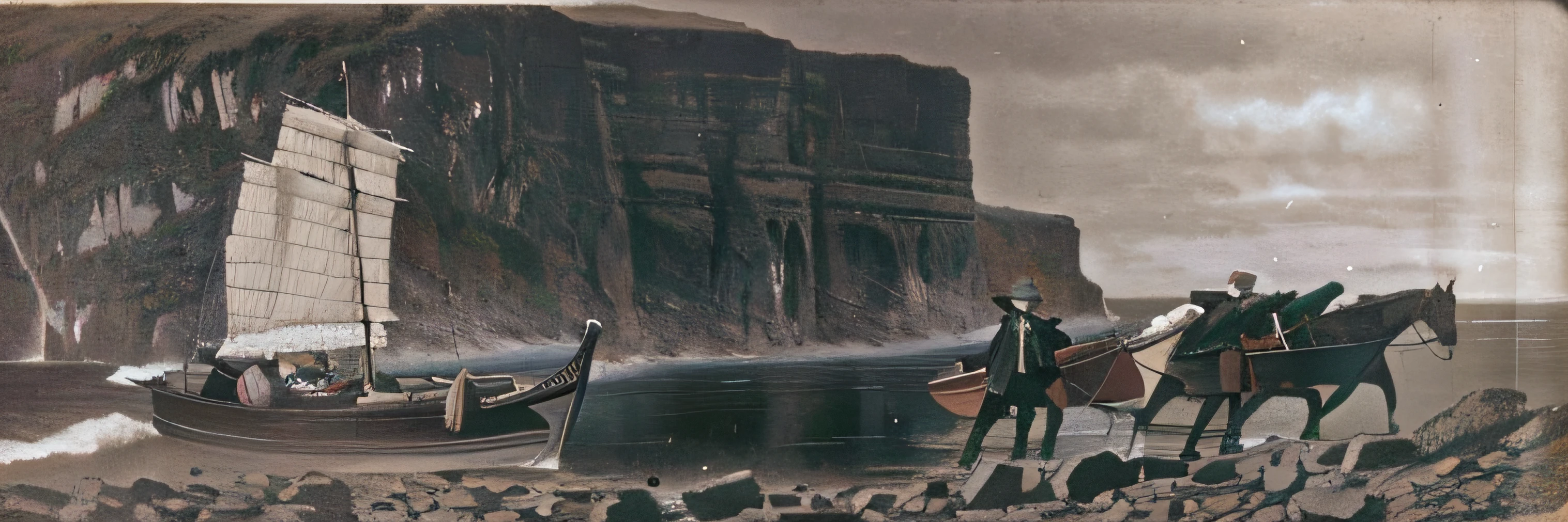 There are two photos of men pulling boats with ropes, Inspired by David Octavius Hill, cliffside, On the coast, Old photos of creepy landscapes, Marsden, Granular matte painting, high resolution film still, grainy low quality photograph, Archaeological photographs of the 1920s, grainy damaged photo, author:Edward Corbett