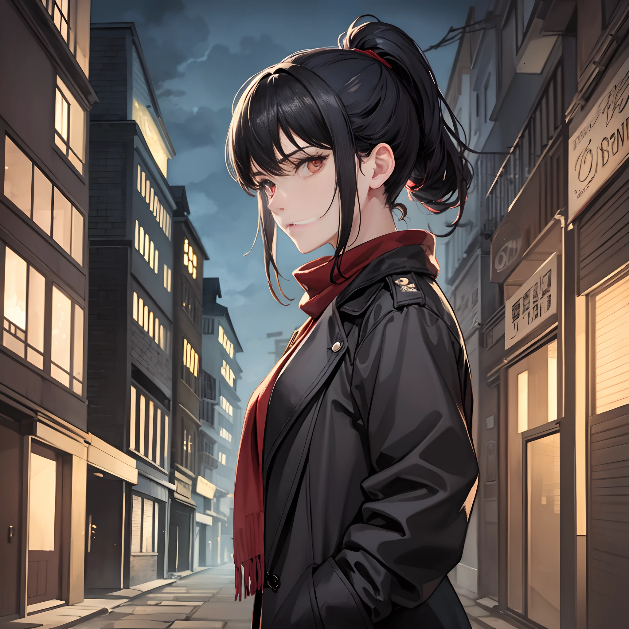 A girl with black hair and brown eyes standing under a faint streetlight, ponytail, dark, creepy atmosphere, melancholic stare, sad, looking at viewer, long brown trenchcoat, flowing red scarf, windy weather, mysterious eyes, masterpiece, super detailed, epic composition, super HD, high quality, extremely detailed, solo, Danzig, Gdansk, docks, dark alleyway, glowing red eyes, night, shadows, watercolor, expressionist, character portrait,