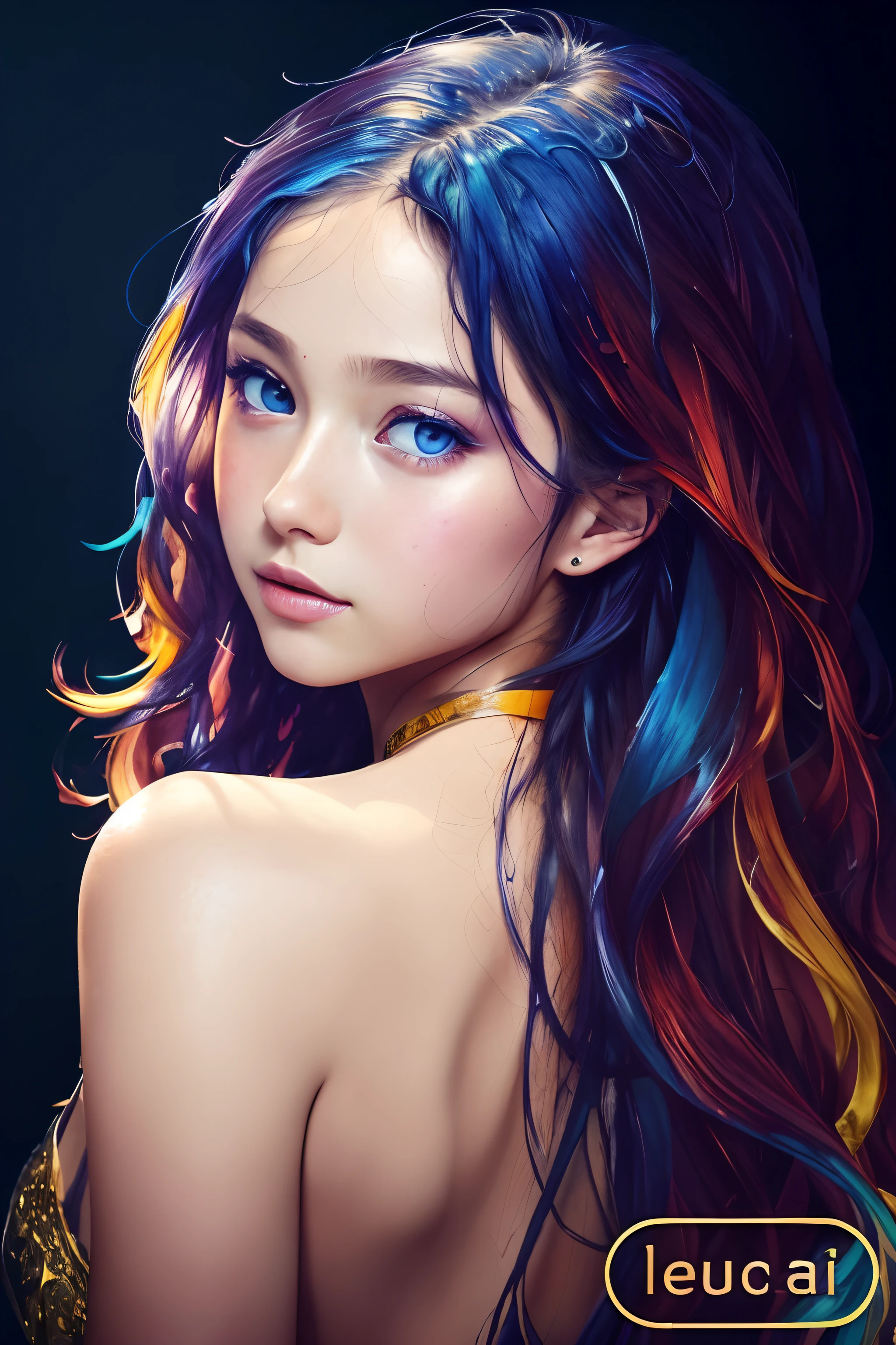 Best quality, masterpiece, super high resolution, multicolored hair, long hair, two moles under the eyes, gradient eyes, eyeballs, smile, evil, character setting, close-up, surrealism, UHD, medium breast, colourful hair,  ((blunt bangs)), blue eyes, really beautiful face, super beautiful face,  1 girl, modest attire