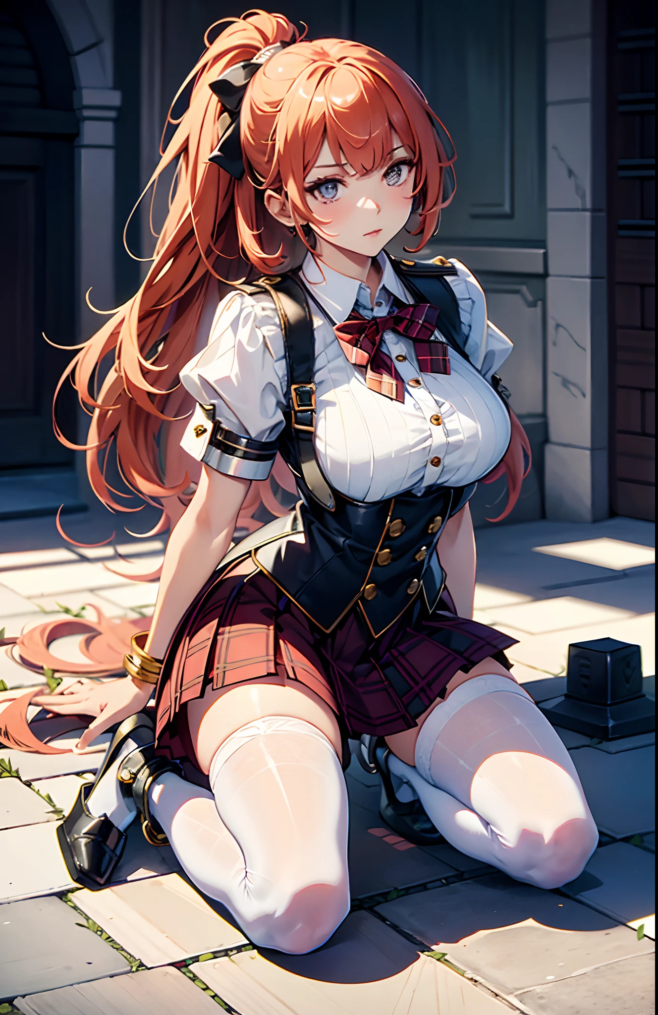 best qualityer,tmasterpiece,Ultimate resolution,downy,Extremely colorful,mature pretty woman,(JK ),neck bowtie,Plaid skirts,(Beauty severed head),Normal posture,Redlip,(Kneeling pose),shackle,behead,Collar,handcuff,Anklets,(white stockings),Mary Jane shoes,Normal posture