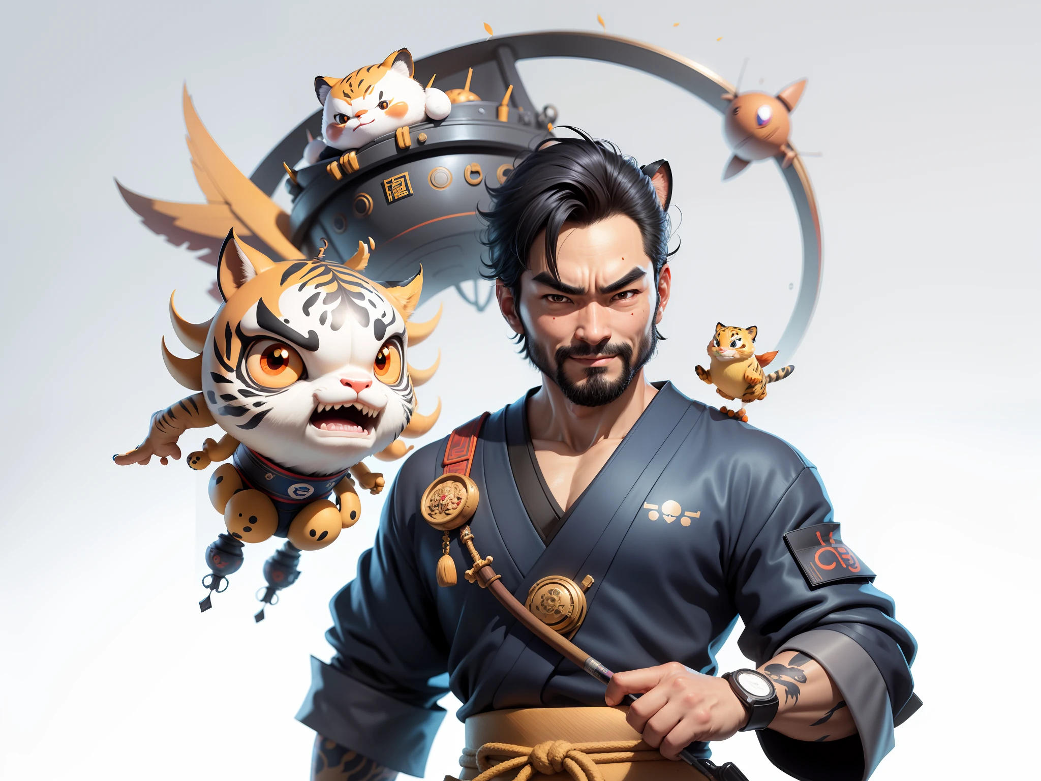 (Daisaku),(Need),(Super meticulous),(full bodyesbian:1.2),Super young man with Japanese geisha，Beautiful，orient，one tiger，Aeolian Thor，Raised sexy，爆乳，Oriental face，TV Anchor，Bust portrait illustration，In black suit，a blue tie，The face is slightly chubby，The face was clean，without a beard，Black super short hair，Black eyes，Smile confidently，3C computer sub-products，iPad， iphone，Digital painting，3D character design by Mark Clairen and Pixar and Hayao Miyazaki and Akira Toriyama，The illustration is a high-definition illustration in 4K resolution，With very detailed facial features and cartoon-style visuals。