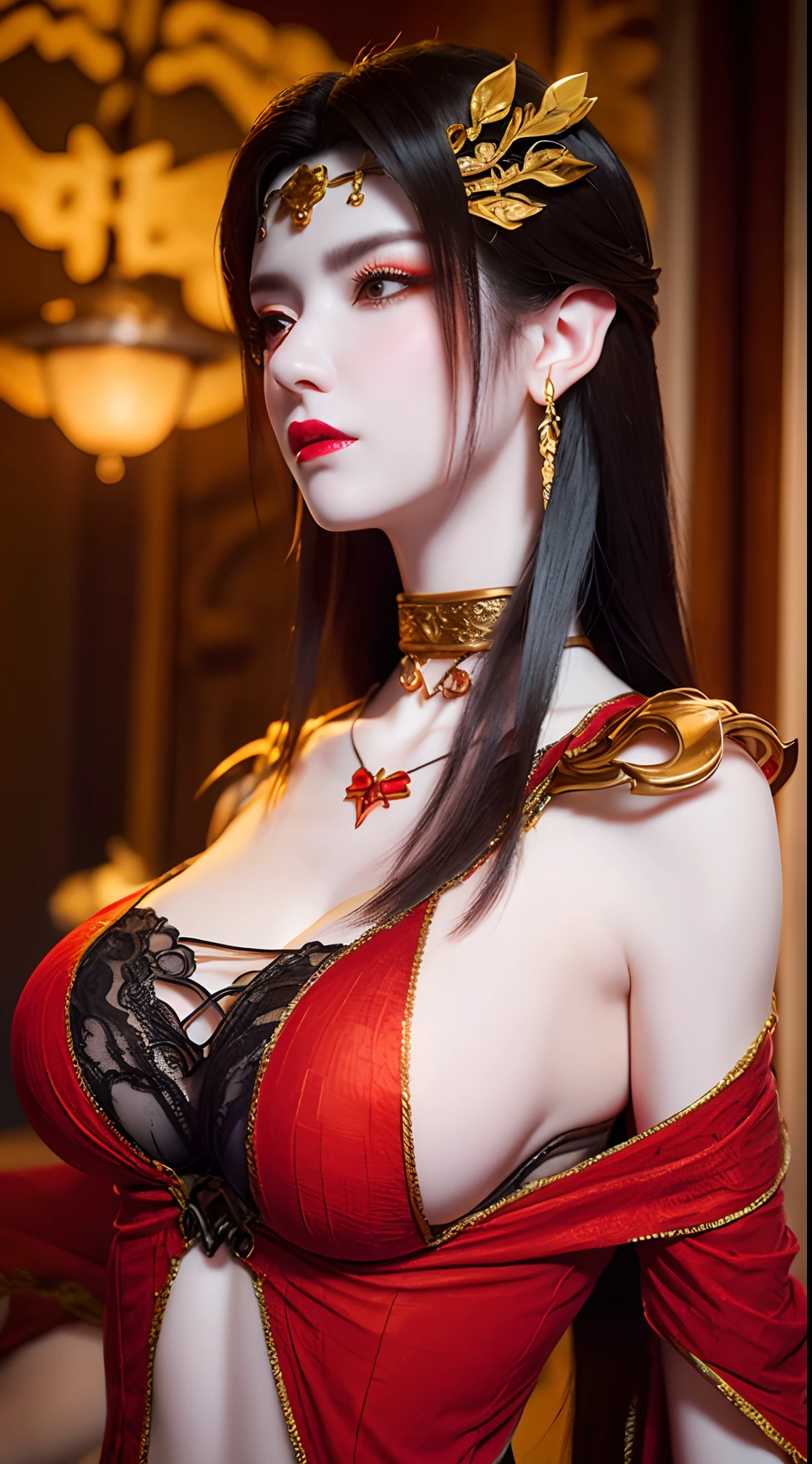 1 very beautiful queen medusha in hanfu dress, thin red silk shirt with many yellow motifs, black lace top, long hair dyed black, beautiful hair jewelry, pretty face pretty, perfect face, earring jewelry, head and hair jewelry, antique jewelry, big red eyes, sharp eye makeup, meticulous makeup eyelashes, thin eyebrows, nose tall, pretty red lips, no smile, ((closed mouth:0.9)), pursed lips, rosy cheeks, breast augmentation, wide breasts, big breasts, well-proportioned breasts, slim waist, slim waist, red mesh stockings with black lace, Chinese hanfu style, fictional art patterns, colors vivid and realistic, RAW photos, realistic photos, ultra-high quality 8k surreal photos, cool photos, (virtual lighting effects: 1.8), 10x pixels, magic effects (background): 1.8), eyes wide open, super detailed eyes, beautiful girl body portrait, girl alone, ancient hanfu background, looking directly at the audience, wide original photo, 8k quality, super sharp, detailed and clear picture best, detailed light background,