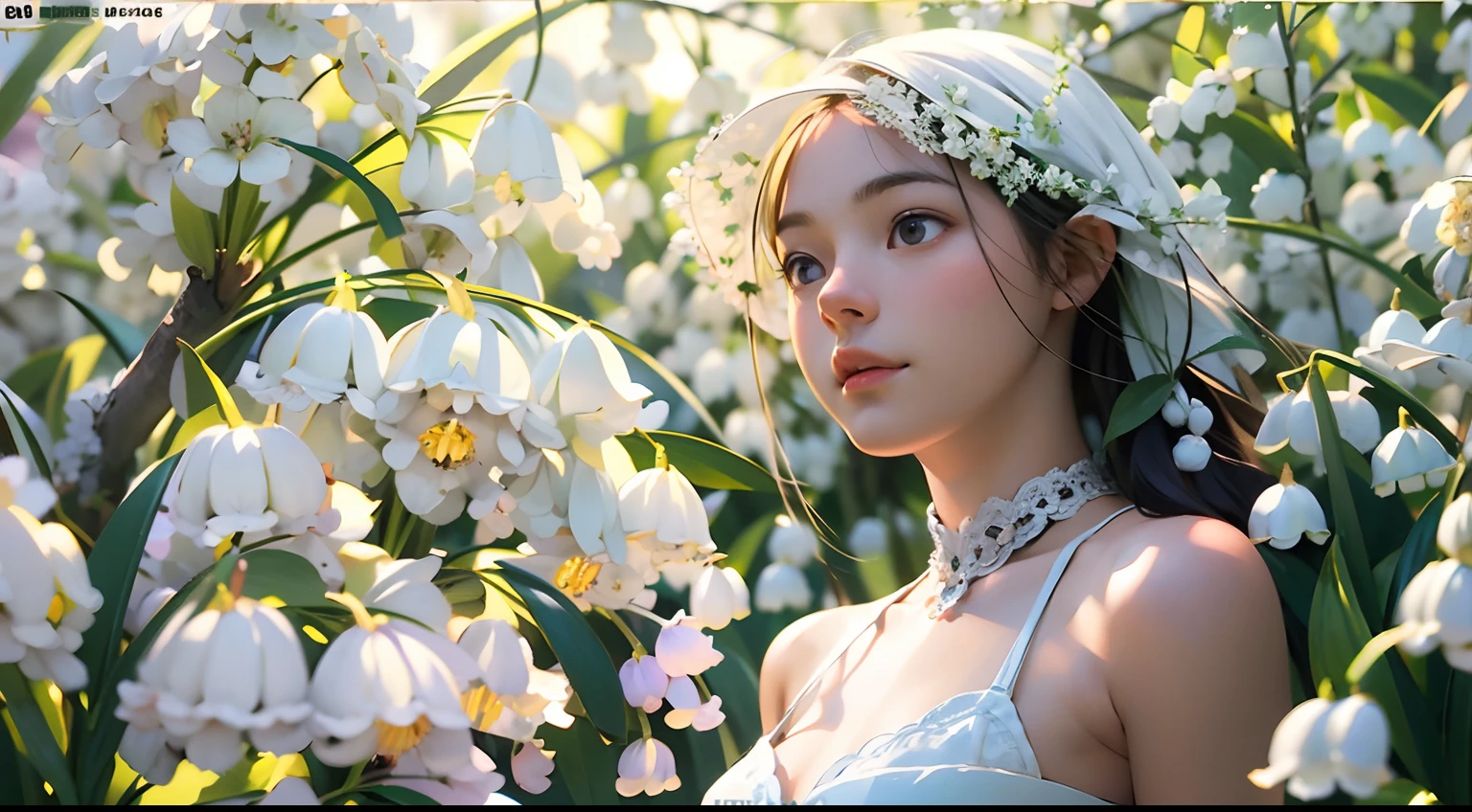 Beautiful portrait of a beautiful  girl in Lily of the valley field, Full body, Science fiction,Accessories for shoes、 A detailed eye, Art Station, Sharp Focus, Photorealsitic, 35 mm, Ultra Detail, 4 k, radiant light