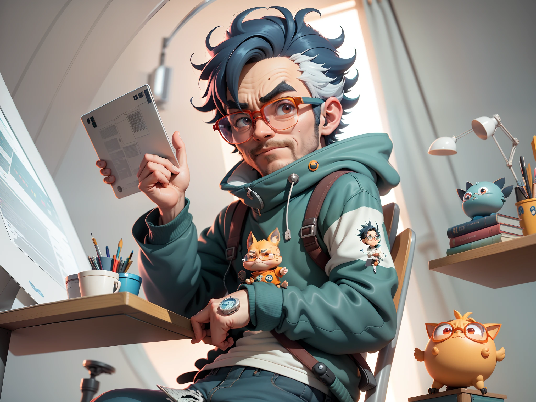 A young man with glasses sits at his desk，holding laptop，digitial painting，3D character design by Mark Clairen and Pixar and Hayao Miyazaki and Akira Toriyama，4K HD illustration，Very detailed facial features and cartoon-style visuals。