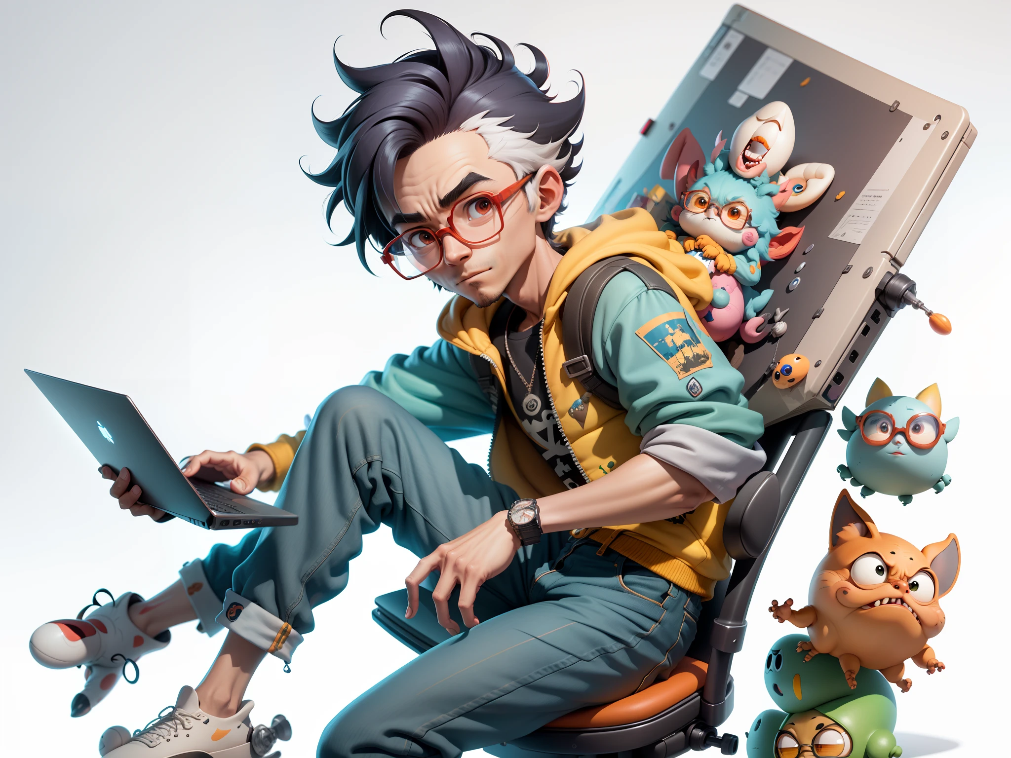 A young man with glasses sits at his desk，holding laptop，digitial painting，3D character design by Mark Clairen and Pixar and Hayao Miyazaki and Akira Toriyama，4K HD illustration，Very detailed facial features and cartoon-style visuals。