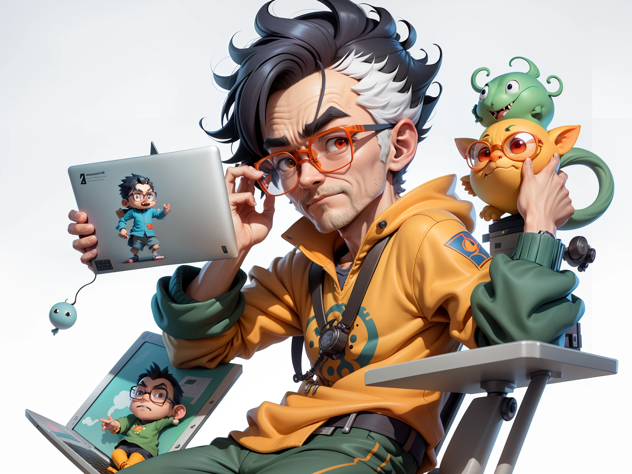 A young man with glasses sits at his desk,holding laptop,digitial painting,3D character design by Mark Clairen and Pixar and Hayao Miyazaki and Akira Toriyama,4K HD illustration,Very detailed facial features and cartoon-style visuals。
