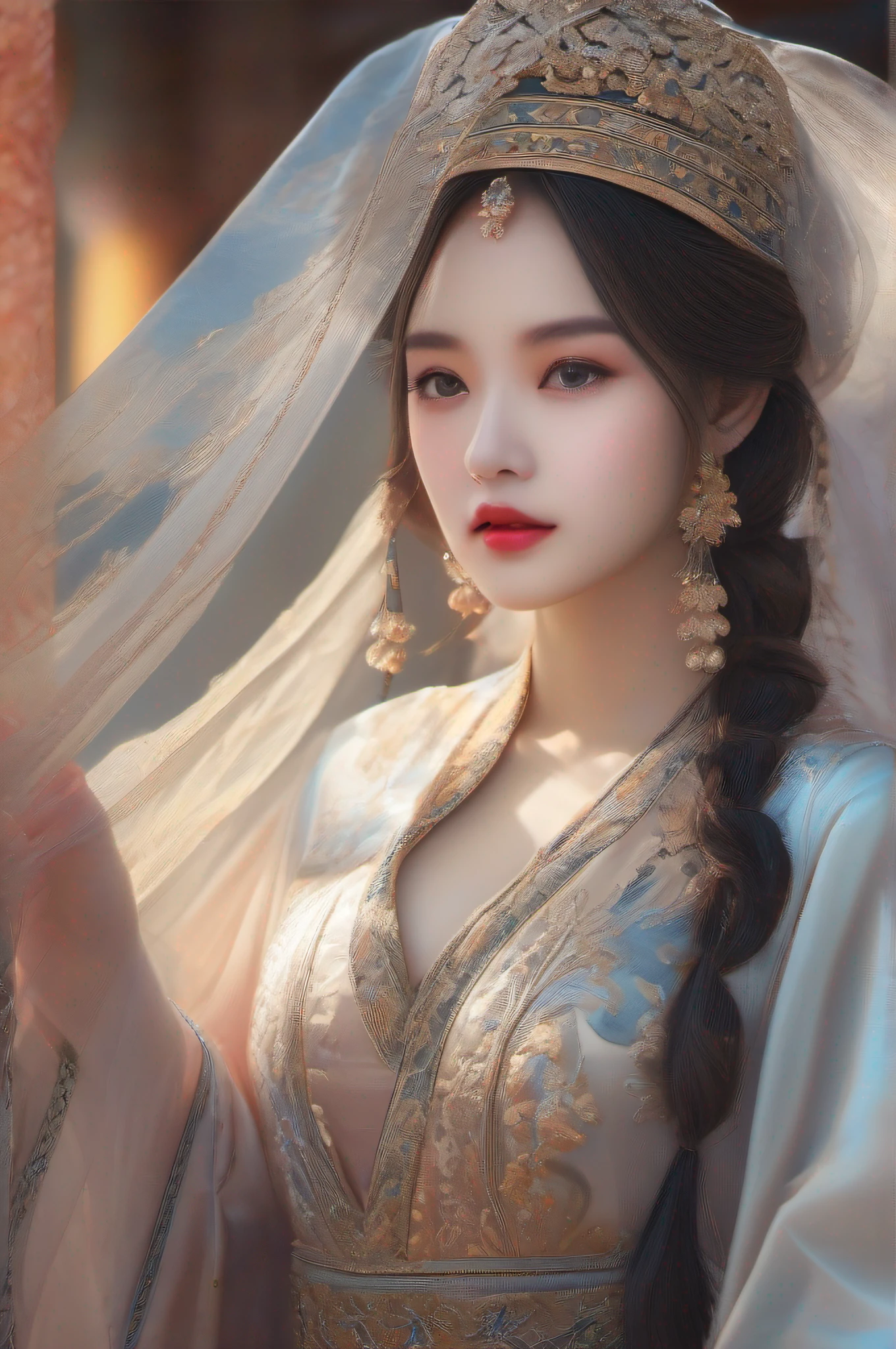 tmasterpiece，best qualtiy，8K high resolution，A girl，Beautiful pose，Elegant and flowing，Xinjiang costumes，The veil is mysterious，Grab the audience's eye，Silk Road background，detail-rich，Dynamic，soft style