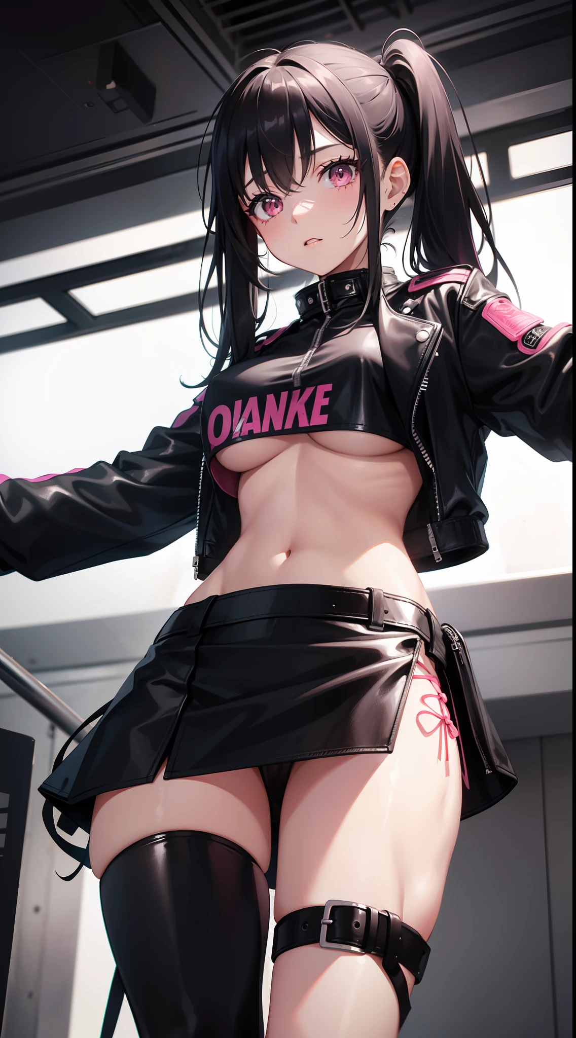 young girl, Long black hair in two ponytails, pink eyes, punk, leather jacket, Upskirt, open belly, open breasts, Masterpiece, hiquality