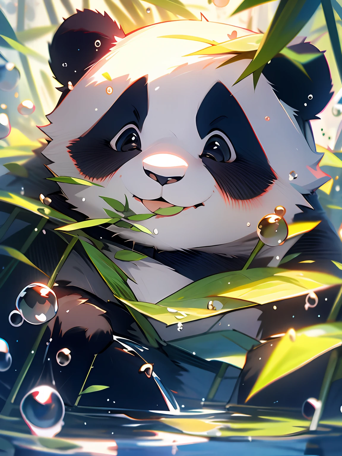 1 cute panda, face closeup, portrait, furry, leaves, no man, water, blisters, bubbles, more details, rich colors, cute smile, best quality, 8K, high saturation