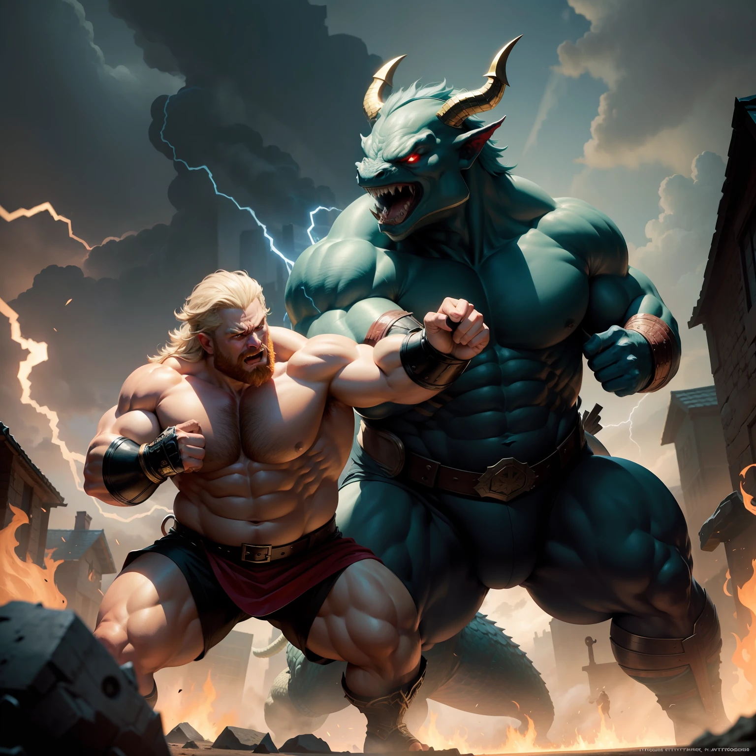 A fat dragon fights Thor, the god of thunder