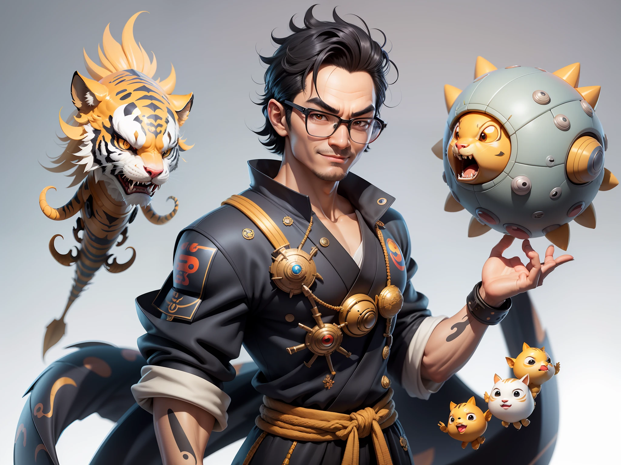 (Masterpiece), (Excellent), (Super Meticulous), (Full Body: 1.2), Super Young Man with Japanese Female Geisha, Pretty, Beautiful, Chinese Dragon, Tiger, Wind God Thor, Sexy, Bursting, Oriental Face, TV Anchor, Bust Portrait Illustration, Black Suit, Blue Tie, Slightly Chubby Face, Silver Glasses, Very Clean Face, No Beard on Chin, Black Super Short Hair, Black Eyes, Confident Smile, 3c Computer Sub-Products, iPad, iPhone, Digital Painting, 3D character design by Mark Clairedon and Pixar and Hayao Miyazaki and Akira Toriyama, the illustrations are HD illustrations in 4K resolution with highly detailed facial features and cartoon-style visuals.
