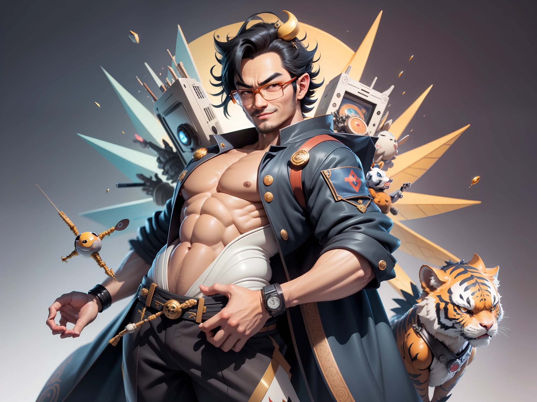 (Masterpiece), (Excellent), (Super Meticulous), (Full Body: 1.2), Super Young Man with Japanese Female Geisha, Pretty, Beautiful, Chinese Dragon, Tiger, Wind God Thor, Sexy, Bursting, Oriental Face, TV Anchor, Bust Portrait Illustration, Black Suit, Blue Tie, Slightly Chubby Face, Silver Glasses, Very Clean Face, No Beard on Chin, Black Super Short Hair, Black Eyes, Confident Smile, 3c Computer Sub-Products, iPad, iPhone, Digital Painting, 3D character design by Mark Clairedon and Pixar and Hayao Miyazaki and Akira Toriyama, the illustrations are HD illustrations in 4K resolution with highly detailed facial features and cartoon-style visuals.