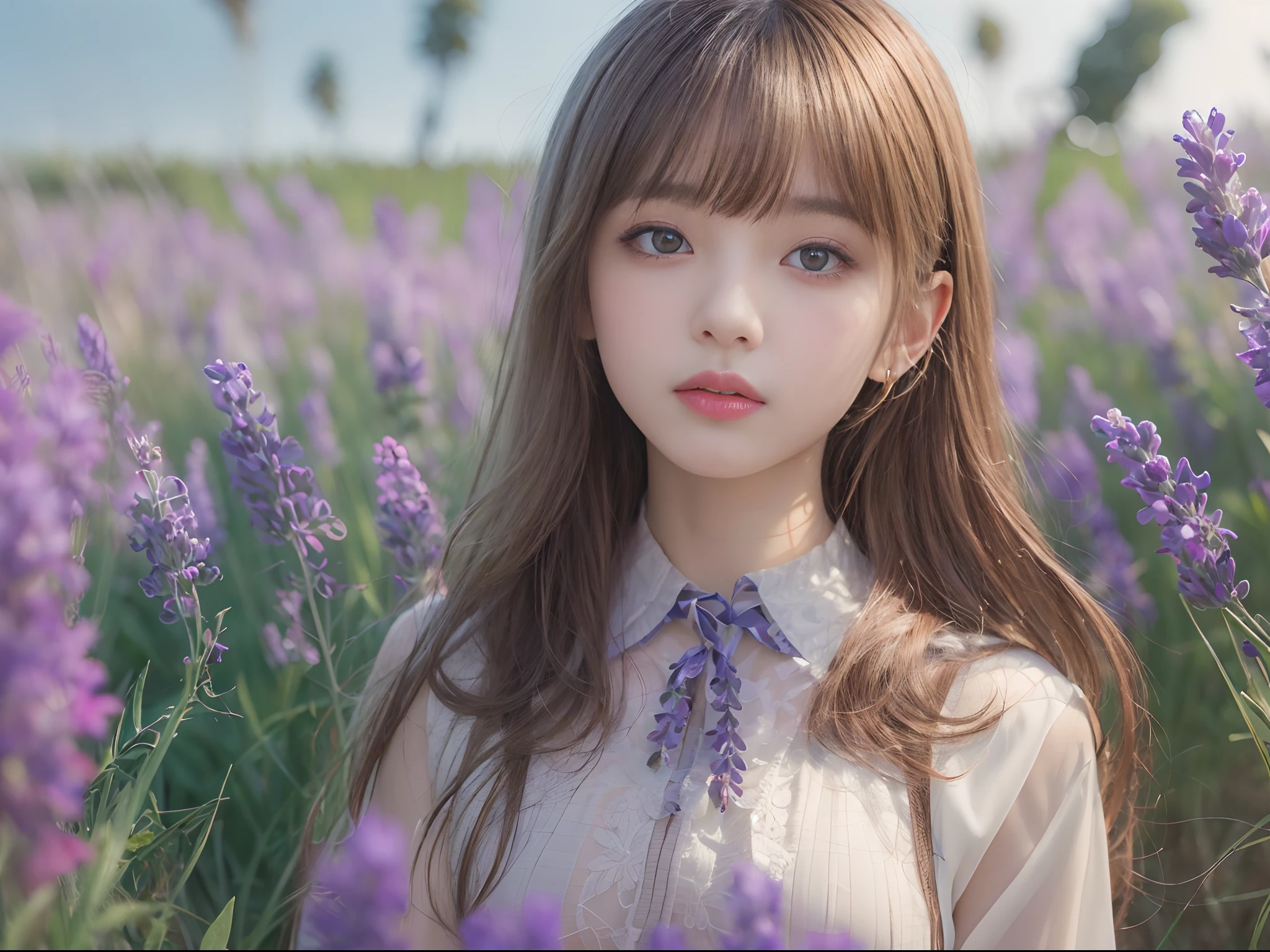 (( Real Light, Top Quality, 8k, Masterpiece: 1.3)), Normal Body Shape: 1.4, (Brown Hair, Colossal: 1.8),sitting , Open Legs, Ultra Detailed Face, Detailed Eyes, Double Eyelids, naked school girls in the lavender field