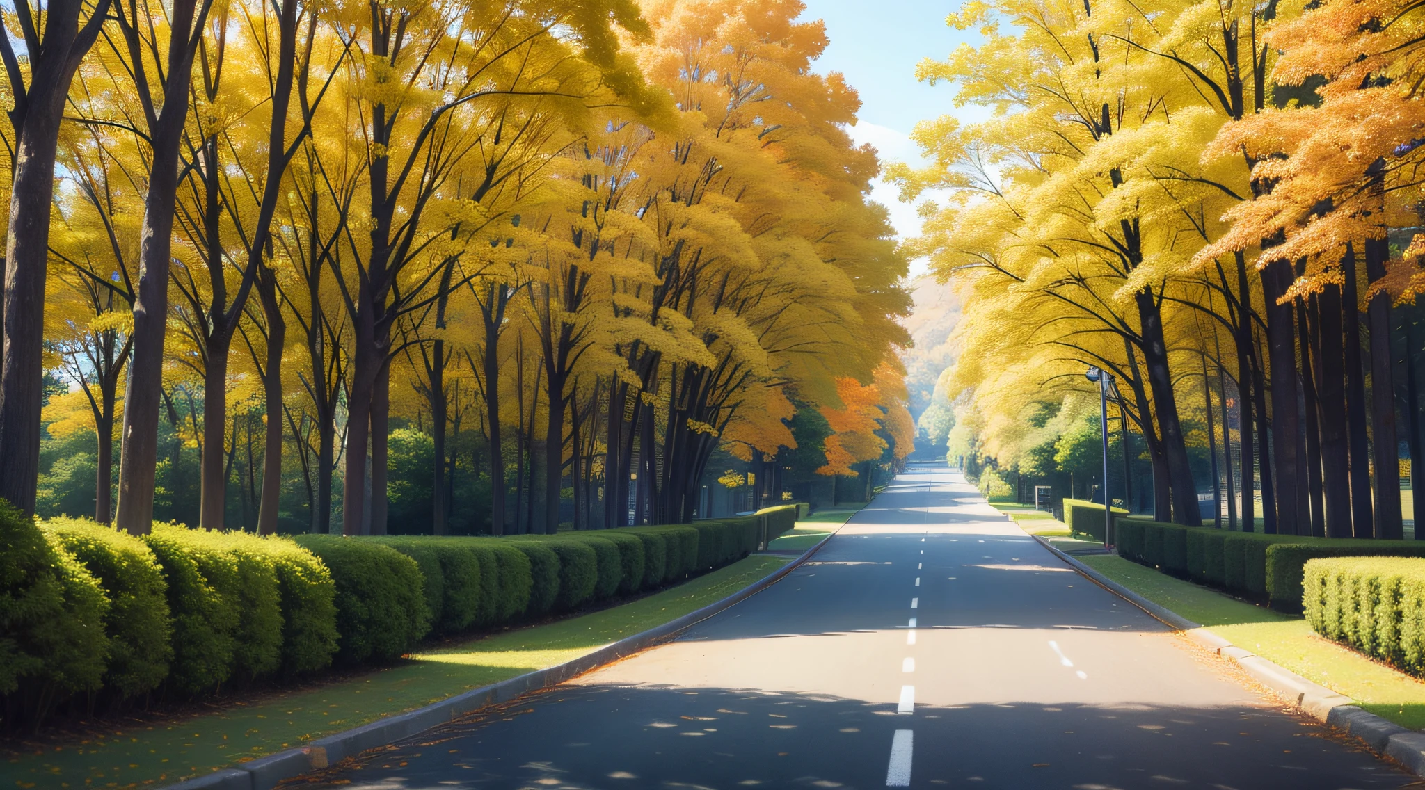À la Fed view of tree-lined avenue with yellow leaves, Breathtaking - beautiful trees々Take a picture, Breathtakingly beautiful tree々, Shades of yellow, Beautiful trees, amarelo, autumn season, a green gold forest in japan, Shades of gold appear naturally, in autumn, maple trees along street, sangyeob park, high-end, high-end、realisitic、64k
