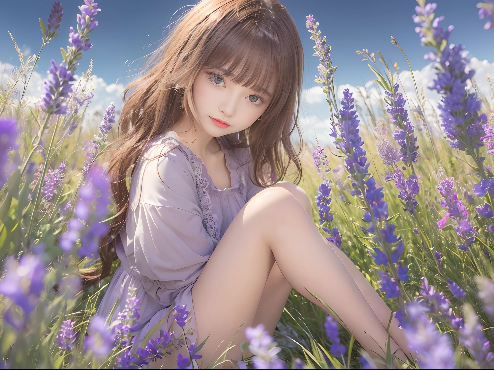 (( Real Light, Top Quality, 8k, Masterpiece: 1.3)), Normal Body Shape: 1.4, (Brown Hair, Colossal: 1.8),sitting , Open Legs, Ultra Detailed Face, Detailed Eyes, Double Eyelids, naked school girls in the lavender field