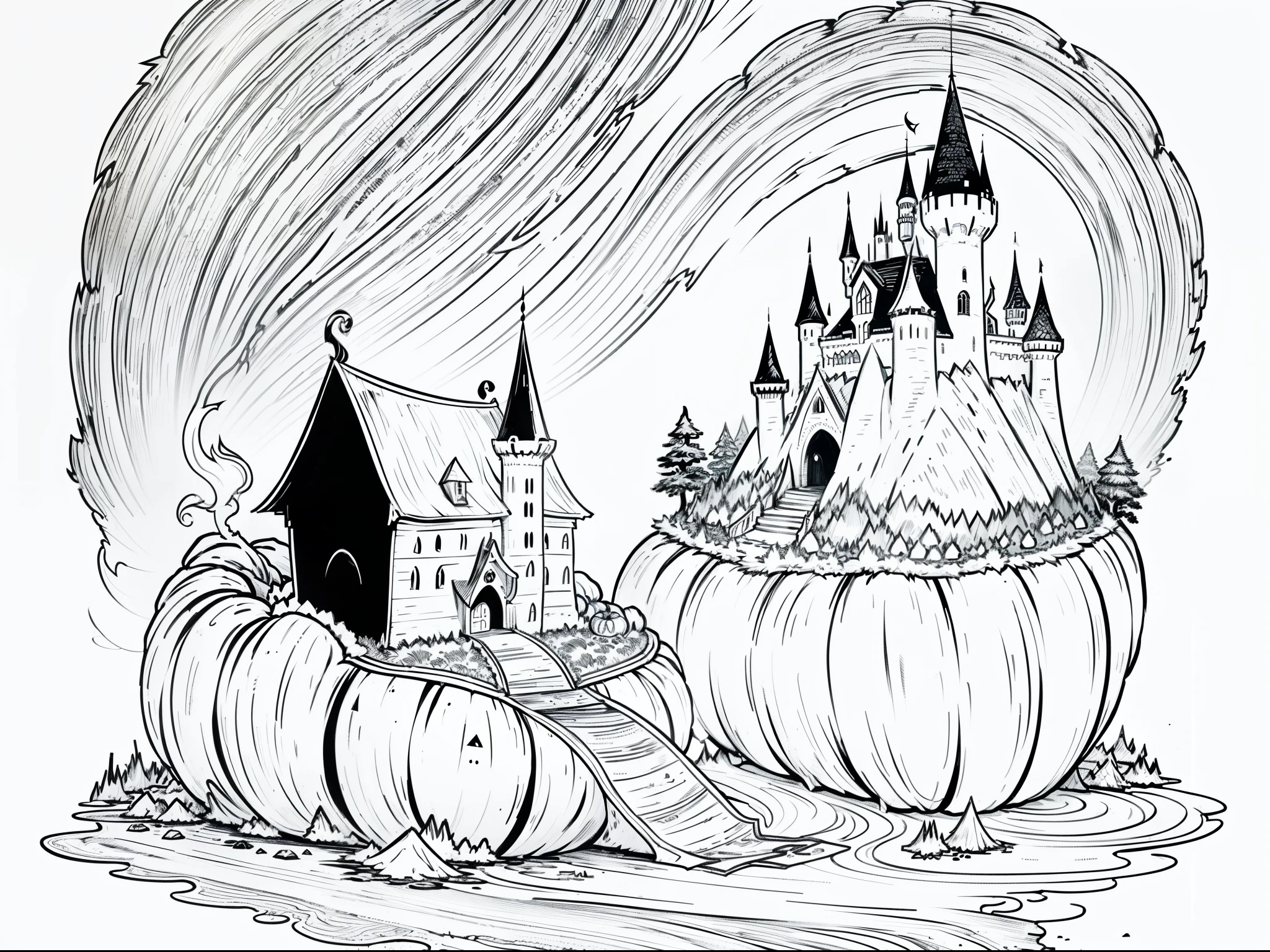 "Create black and white line art, Kid's Coloring, A page of a Halloween book with a witch making a pumpkin castle in a mountain pathway..., Clean white background, high-res.
