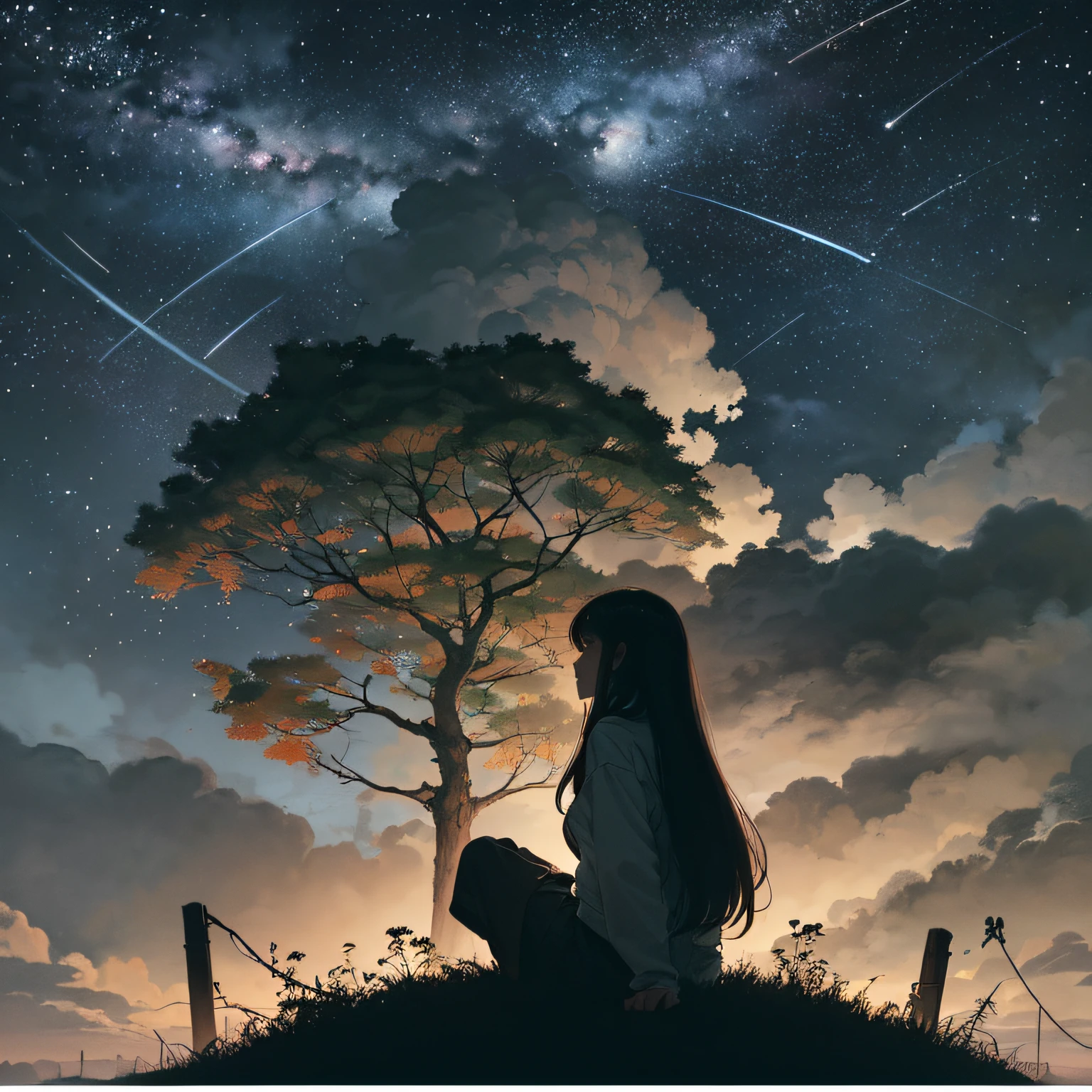 sky, star(sky), landscape, starry sky, night, one girl, night sky, solo, outdoors, building, clouds, milky way, sitting, tree, long hair, urban, silhouette, cityscape, chinese traditional ink painting,