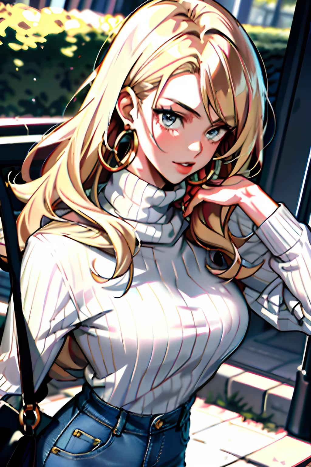 (masterpiece:1.2, best quality), 1lady, solo, upper body, big tits, Dark skinny jeans, oversized sweater, ankle boots, Loose waves, center part, simple hoop earrings, (in Park)