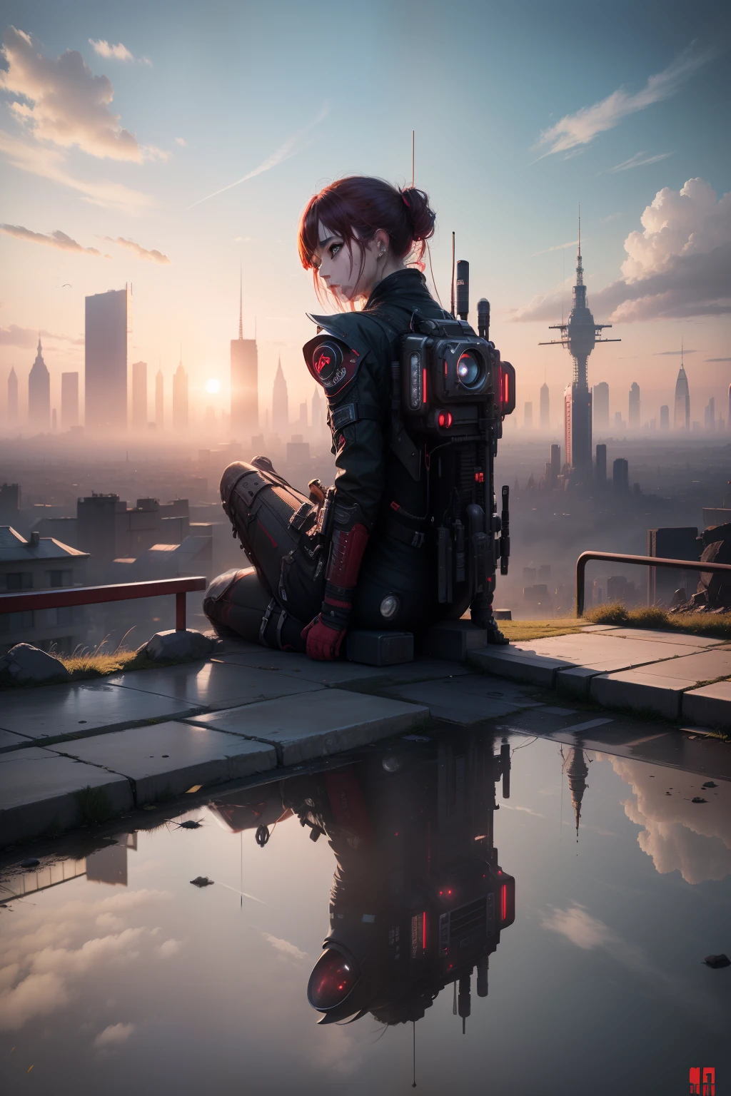（(​masterpiece、top-quality))、8k、photoRealstic、hyperdetailed photo、Clean sky、reddish、ruin city、cyberpunked、musgo、Reflectors