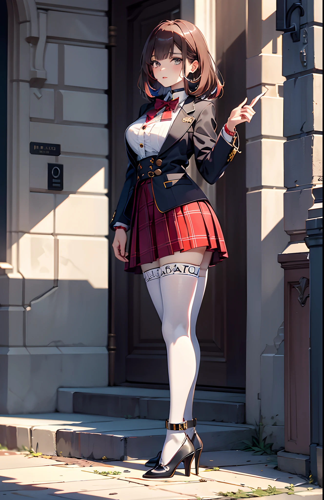 best qualityer,tmasterpiece,Ultimate resolution,downy,Extremely colorful,mature pretty woman,(JK school uniform),neck bowtie,Plaid skirts,(Beauty severed head),Normal posture,Redlip,Collar,(Point at you with your ass),shackle,behead,guillotine,behead,Collar,handcuff,Anklets,(white stockings),Mary Jane shoes,Normal posture
