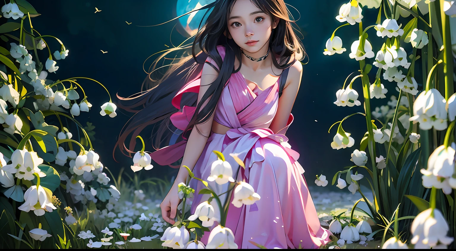 Beautiful portrait of a beautiful  girl in Lily of the valley field, Full body, Science fiction,Accessories for shoes、 A detailed eye、moonlights、 Art Station, Sharp Focus, Photorealsitic, 35 mm, Ultra Detail, 4 k, radiant light