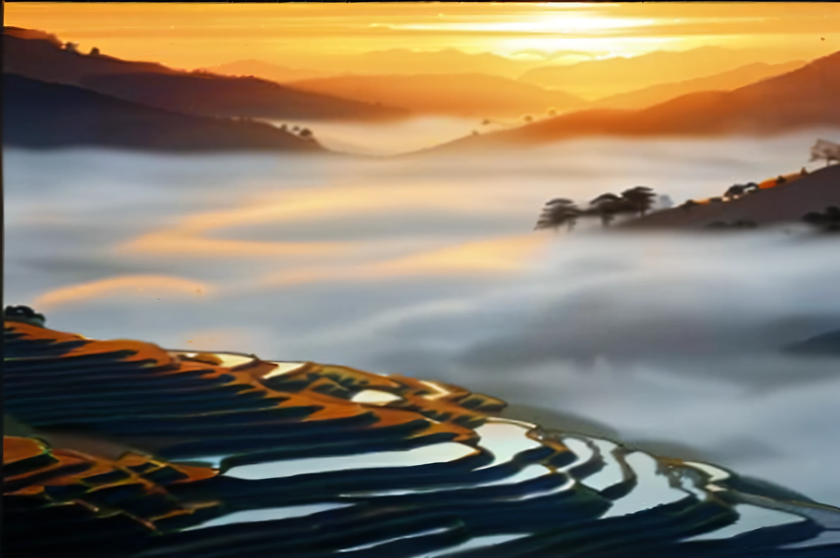 Alafid view of the valley with mountains as a background, thin fog, mist in valley, (Mist), Mist, layered fog, Chinese landscape, author：Shi Rui, Billowing fog, Morning mist, Fog blanket, A mystical environment, valley mist, Chiba Yuda, rice, Breathtaking landscapes, heavenly landscape, author：Yang Borun