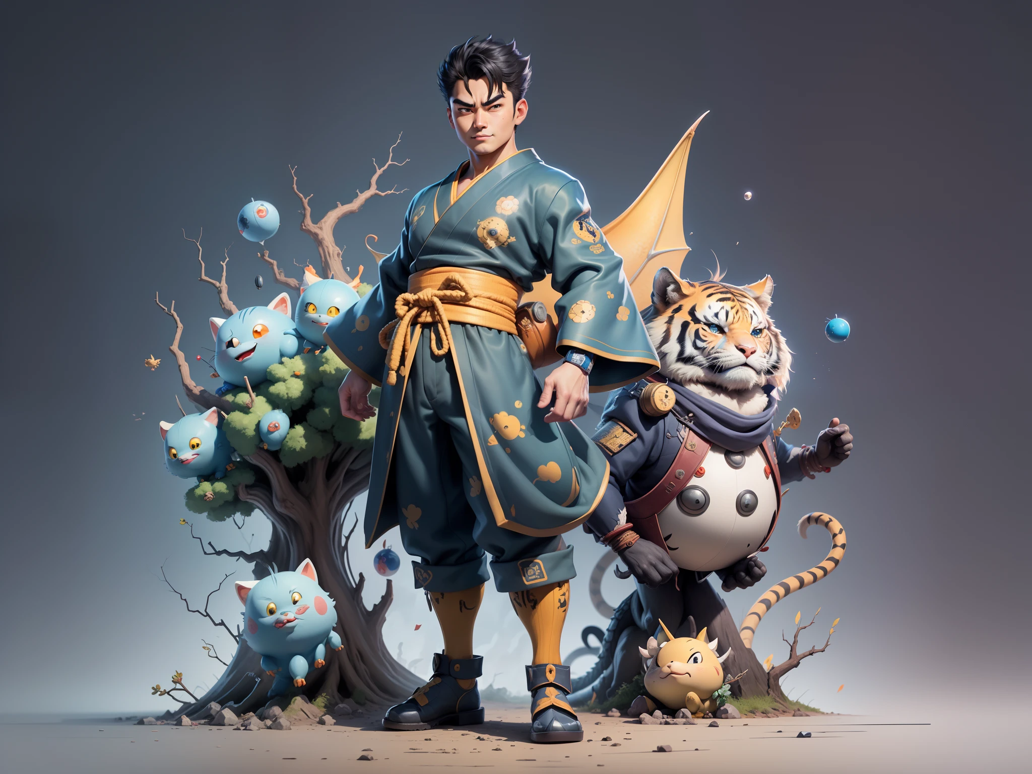 (Masterpiece), (Excellent), (Super Meticulous), (Full Body: 1.2), Super Young Man, Oriental Face, Japanese Kimono, Japanese Wind Thunder God, Dragon, Tiger, TV Anchor, Bust Portrait Illustration, Alone, Black Suit, Blue Tie, Slightly Chubby Face, Very Clean Face, No Beard, Black Super Short Hair, Black Eyes, Confident Smile, 3c Computer Sub-Products, iPad, iPhone, Digital Painting, 3D Character Design by Akira Toriyama and Mark Claireden and Pixar and Hayao Miyazaki, The illustration is a high-definition illustration in 4K resolution with very detailed facial features and cartoon-style visuals.