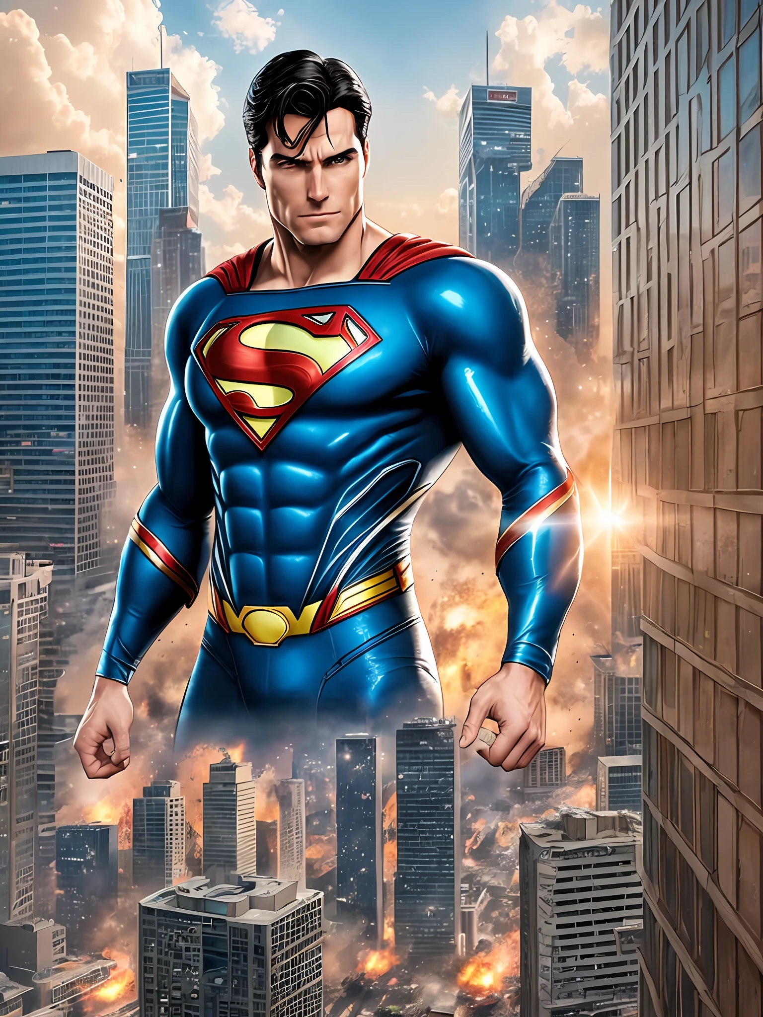 Write a story where a futuristic and realistic Superman navigates a devastated city, utilizing his extraordinary abilities to provide aid and restore hope among the survivors. --auto --s2