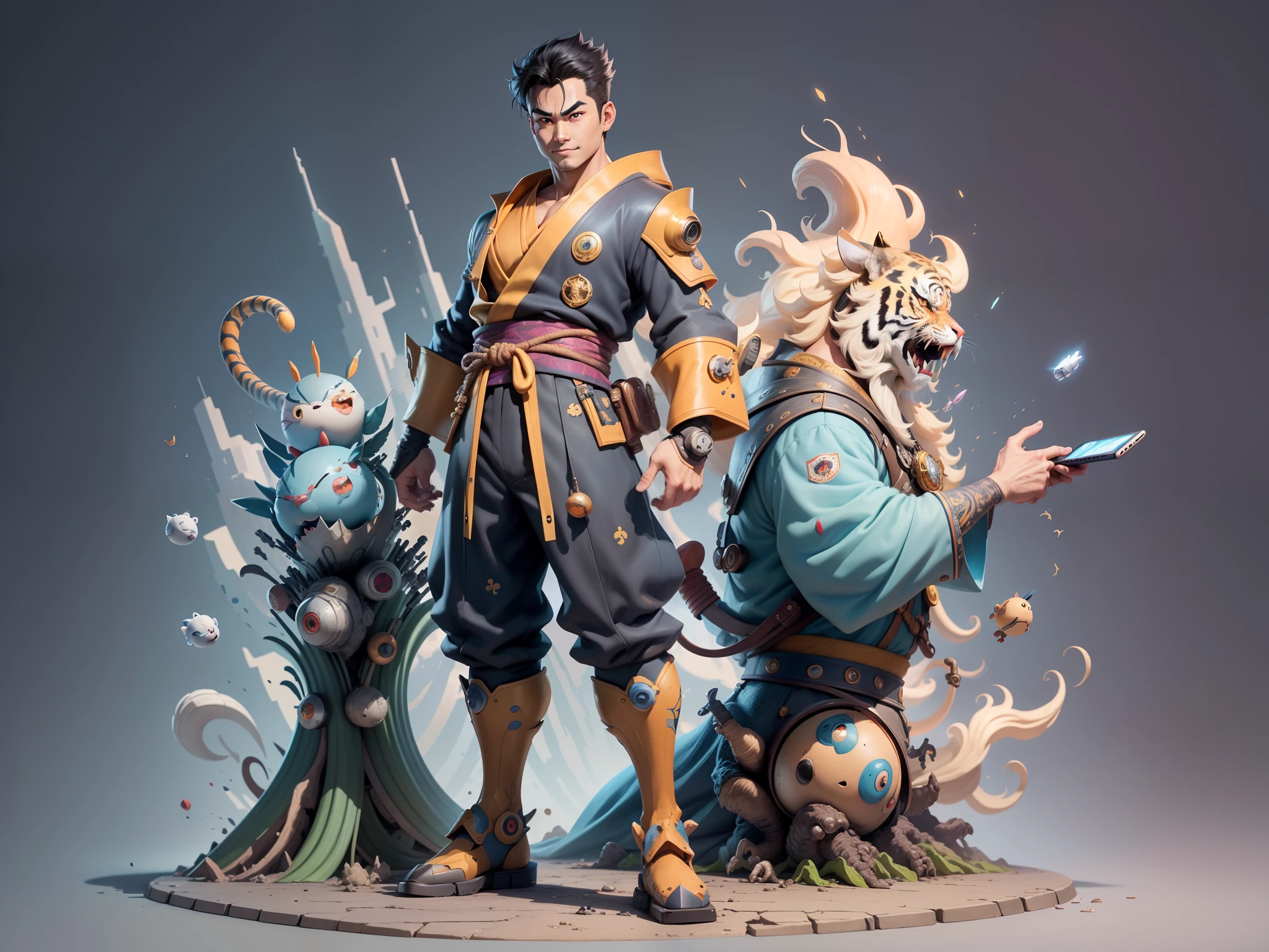 (Masterpiece), (Excellent), (Super Meticulous), (Full Body: 1.2), Super Young Man, Oriental Face, Japanese Kimono, Japanese Wind Thunder God, Dragon, Tiger, TV Anchor, Bust Portrait Illustration, Alone, Black Suit, Blue Tie, Slightly Chubby Face, Very Clean Face, No Beard, Black Super Short Hair, Black Eyes, Confident Smile, 3c Computer Sub-Products, iPad, iPhone, Digital Painting, 3D Character Design by Akira Toriyama and Mark Claireden and Pixar and Hayao Miyazaki, The illustration is a high-definition illustration in 4K resolution with very detailed facial features and cartoon-style visuals.