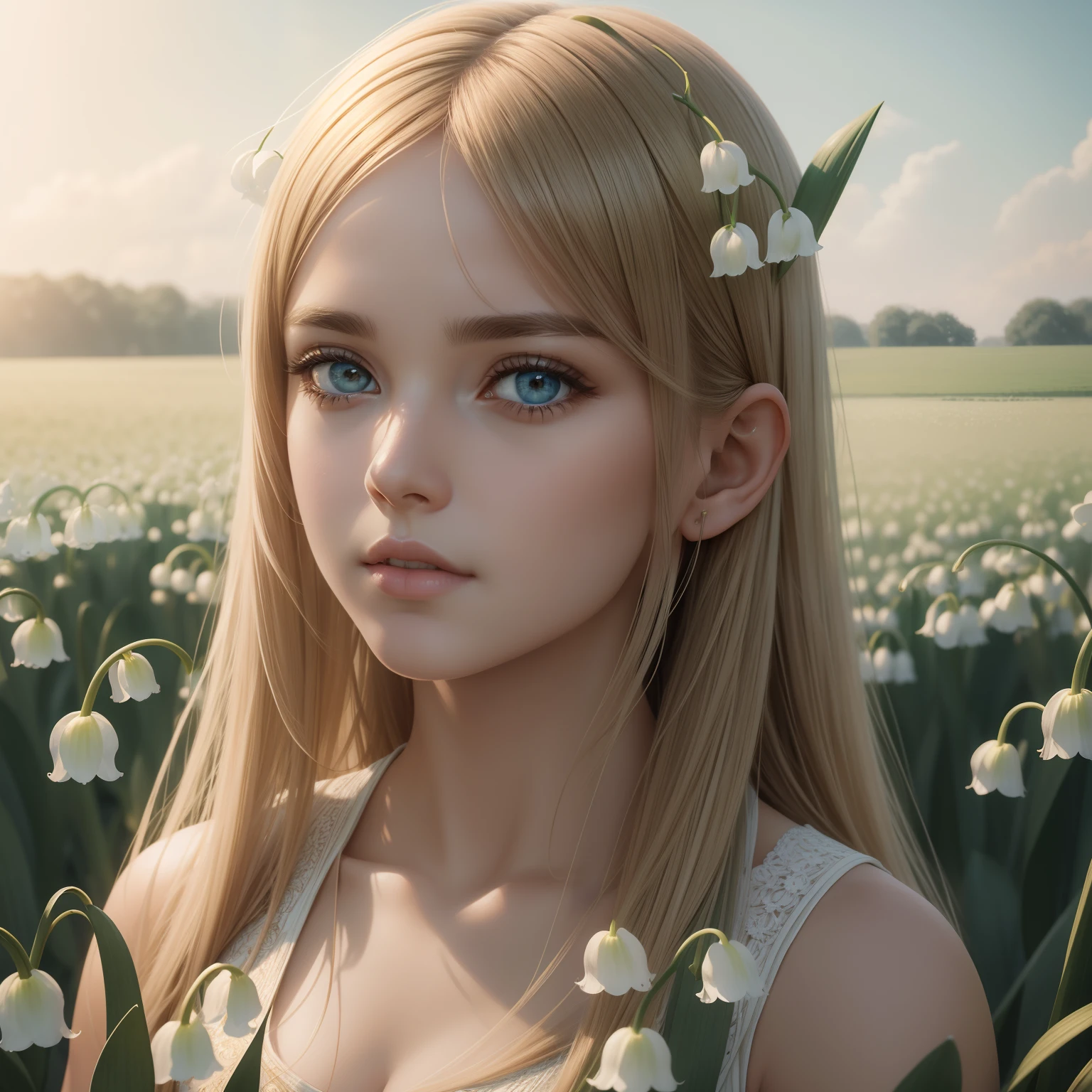Beautiful portrait of a beautiful girl in Lily of the valley field, half body, Science fiction、 A detailed eye, Art Station, Sharp Focus, Photorealsitic, 35 mm, Ultra Detail, 4 k, radiant light