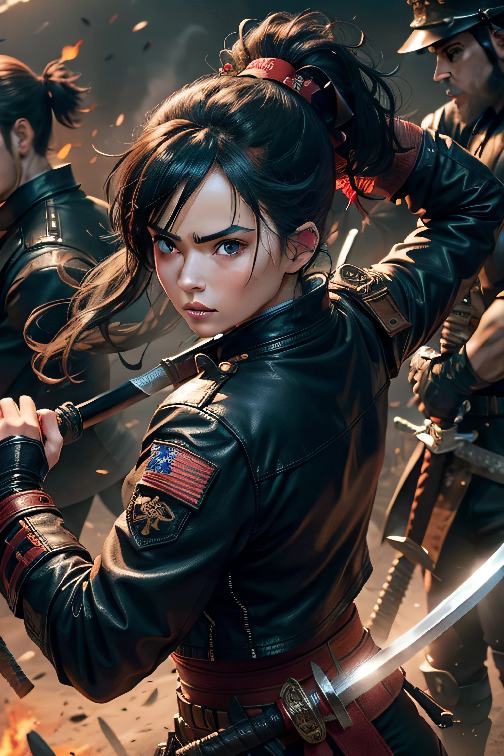 A female with a samurai hat, leather jacket, ponytail and black hair, blue eyes, holding a sword above her head getting ready to strike, the background is a battlefield with lots of men sword fighting each other
