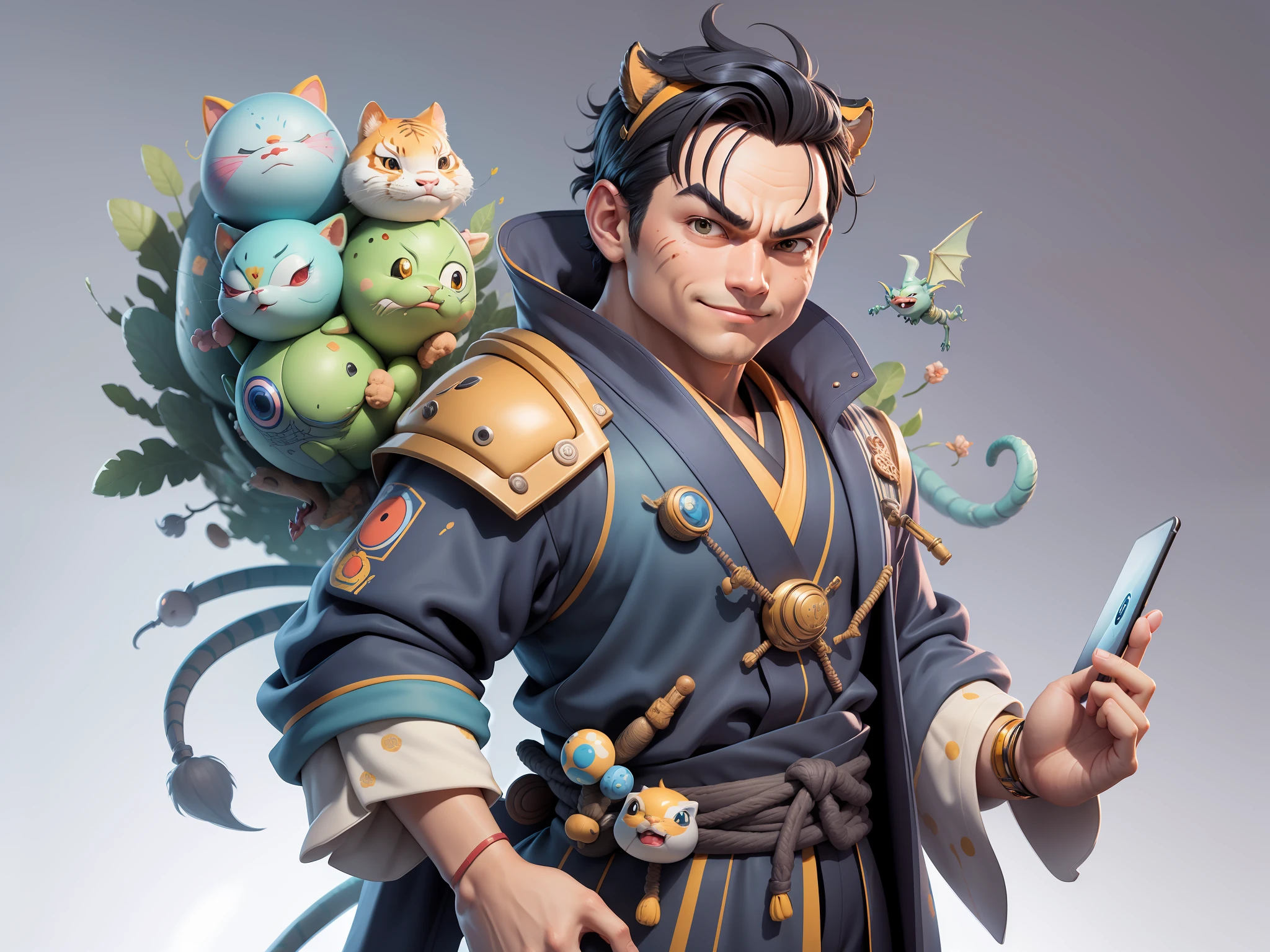 (Daisaku),(Need),(Super meticulous),(full bodyesbian:1.2),Super young man with Japanese geisha,Beautiful,Oriental dragon,Aeolian Thor,Raised sexy,爆乳,Oriental face,TV Anchor,Bust portrait illustration,In black suit,a blue tie,The face is slightly chubby,The face was clean,without a beard,Black super short hair,Black eyes,Smile confidently,3C computer sub-products,iPad, iphone,Digital painting,3D character design by Mark Clairen and Pixar and Hayao Miyazaki and Akira Toriyama,The illustration is a high-definition illustration in 4K resolution,With very detailed facial features and cartoon-style visuals。