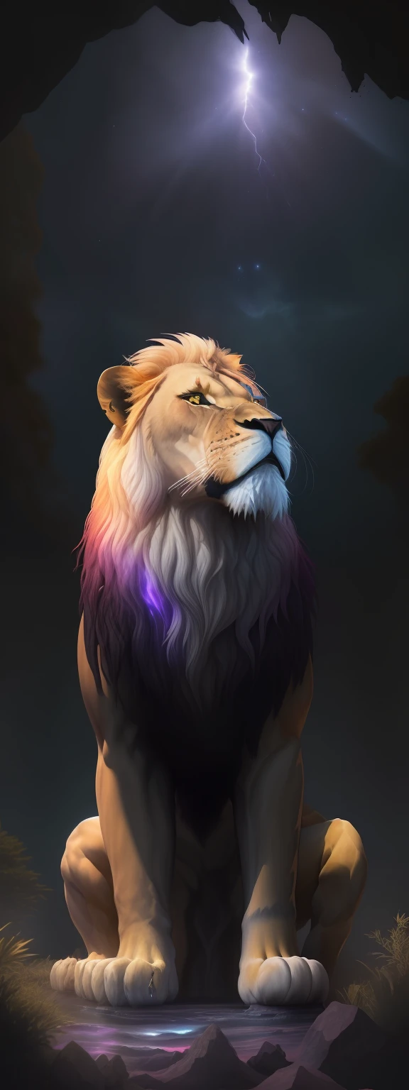 fotografia de paisagem expansiva, (a view from below that shows the sky above and the open field below), a lion standing looking up with blood dripping from its mouth(pegue a chave: 1.2), (estrelas cadentes: 0.9), (nebulosa: 1.3), montanha distante , BREAK tree production art, (fonte de luz quente: 1.2), (PiriLampiãoo: 1.2), lamplight, muito roxo e laranja, detalhes complexos, volumetric lighting BREAK (obra-prima: 1.2), (melhor qualidade), 4k, ultradetalhado , (dynamic compositing: 1.4), detalhes coloridos altamente detalhados (cores iridescentes: 1.2), (bright illumination, Atmospheric Illumination), sonhador, magia, (sozinho: 1.2)