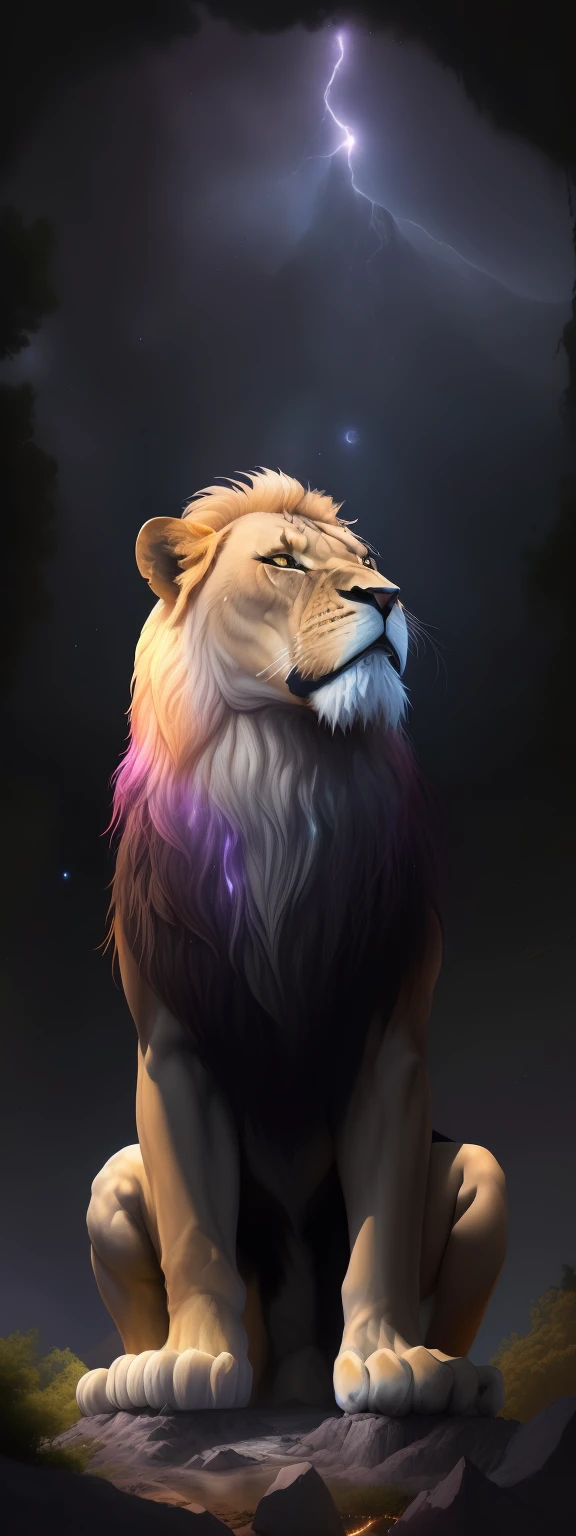 fotografia de paisagem expansiva, (a view from below that shows the sky above and the open field below), a lion standing looking up with blood dripping from its mouth(pegue a chave: 1.2), (estrelas cadentes: 0.9), (nebulosa: 1.3), montanha distante , BREAK tree production art, (fonte de luz quente: 1.2), (PiriLampiãoo: 1.2), lamplight, muito roxo e laranja, detalhes complexos, volumetric lighting BREAK (obra-prima: 1.2), (melhor qualidade), 4k, ultradetalhado , (dynamic compositing: 1.4), detalhes coloridos altamente detalhados (cores iridescentes: 1.2), (bright illumination, Atmospheric Illumination), sonhador, magia, (sozinho: 1.2)